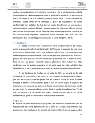 10
suelo y humedales afecta el crecimiento microbiano y de la planta disminuyendo la
disponibilidad de oxígeno necesario para la respiración aeróbica. La temperatura
afecta las tasas a las que diversos procesos tienen lugar. La disponibilidad de
nutrientes puede influir en la velocidad y grado de degradación en suelo
contaminado con petróleo. La luz del sol puede transformar los compuestos,
disminuyendo la biodisponibilidad y pueden presentar diferentes efectos tóxicos
perores que el compuesto inicial. Estos factores ambientales causan cambios en
los contaminantes originales obteniendo como resultado final, que sólo los
compuestos más resistentes permanezcan en el suelo (Pulgarin., 2012).
7 HIPÓTESIS.
1.- Desde su cierre hasta la actualidad, en la antigua fundidora de Avalos,
existe una concentración de contaminación de Plomo en el subsuelo de esta zona
como en sus alrededores, por lo que se busca reducir esta concentración como
beneficio para el medio ambiente, como de las personas que habitan en esa zona,
porque se sabe que ha causado demasiados problemas con la salud en ellas.
Para lo que se pueda encontrar alguna alternativa para reducir los altos
contenidos que se puedan encontrar en el suelo, para con esto satisfacer los
beneficios de la salud que actualmente viven ahí y para las generaciones futuras.
2.- La fundidora de Avalos, en el siglo de XIX, se percató de la alta
contaminación que estaba ocasionando el que estuviera funcionando la fundidora,
por toda la alta producción de plomo que se producía al día. La cual, el suelo
empezó a dañarse continuamente, para lo que se quiere llegar al objetivo de
reconstruir este subsuelo, ya que con toda esa concentración de plomo que existe
en ese lugar, no se puede plantar ningún árbol ni planta de cualquier tipo. Por lo
que se espera que la semilla de girasol pueda soportar crecer en dicha
contaminación, para así beneficiar a nuestro medio ambiente.
8 METAS.
El alcance de este documento es proponer una alternativa sustentable para la
recuperación del suelo contaminado en la zona de Ávalos, aprovechando las
propiedades acumulativas de las plantas, particularmente del girasol, cuyo nombre
 