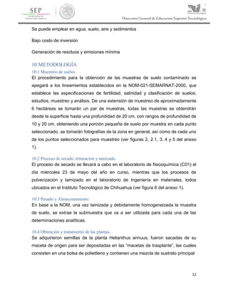 12
Se puede emplear en agua, suelo, aire y sedimentos
Bajo costo de inversión
Generación de residuos y emisiones mínima
10 METODOLOGÍA
10.1 Muestreo de suelos
El procedimiento para la obtención de las muestras de suelo contaminado se
apegará a los lineamientos establecidos en la NOM-021-SEMARNAT-2000, que
establece las especificaciones de fertilidad, salinidad y clasificación de suelos;
estudios, muestreo y análisis. De una extensión de muestreo de aproximadamente
6 hectáreas se tomarán un par de muestras, todas las muestras se obtendrán
desde la superficie hasta una profundidad de 20 cm, con rangos de profundidad de
10 y 20 cm, obteniendo una porción pequeña de suelo por muestra en cada punto
seleccionado, se tomarán fotografías de la zona en general, así como de cada uno
de los puntos seleccionados para muestreo (ver figuras 2, 2.1, 3, 4 y 5 del anexo
1).
10.2 Proceso de secado, trituración y tamizado.
El proceso de secado se llevará a cabo en el laboratorio de fisicoquímica (C01) el
día miércoles 23 de mayo del año en curso, mientras que los procesos de
pulverización y tamizado en el laboratorio de Ingeniería en materiales, todos
ubicados en el Instituto Tecnológico de Chihuahua (ver figura 6 del anexo 1).
10.3 Pesado y Almacenamiento.
En base a la NOM, una vez tamizada y debidamente homogeneizada la muestra
de suelo, se extrae la submuestra que va a ser utilizada para cada una de las
determinaciones analíticas.
10.4 Obtención y tratamiento de las plantas.
Se adquirieron semillas de la planta Helianthus annuus, fueron sacadas de su
maceta de origen para ser depositadas en las “macetas de trasplante”, las cuales
consisten en una bolsa de polietileno y contienen una mezcla de sustrato principal
 