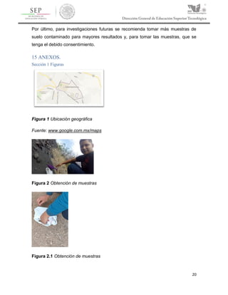 20
Por último, para investigaciones futuras se recomienda tomar más muestras de
suelo contaminado para mayores resultados y, para tomar las muestras, que se
tenga el debido consentimiento.
15 ANEXOS.
Sección 1 Figuras
Figura 1 Ubicación geográfica
Fuente: www.google.com.mx/maps
Figura 2 Obtención de muestras
Figura 2.1 Obtención de muestras
 