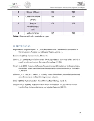 26
5 Clínica (20 cm) 195 126
6 Casa habitacional
(20 cm)
165 121
7 Parque
residencial (20
cm)
178 139
8 Jales mineros 157 108
Tabla 3 Comparación de resultados en ppm
16 REFERENCIAS.
Angelica Evelin Delgadillo-lopez, C. A. (2011). Fitorremediacion: Una alternativa para eliminr la
fitorremediacion. Treopical and Subtropical Agroecosystems, 14.
Biorremedia. (2015). Fitorremediacion. México DF.
Garbiscu, C. y. (2001). Phytoextraction: a cost-effective plant-based technology for the removal of
metals form the enviroment. Bioresourse Technology, 229-236.
Mench, M. S. (2009). Assessment of successful experiments and limitations of phytotechnologies:
contaminant uptake, detoxification and sequestration, and consequenses for food safety.
16, 876-900.
Sepulveda, T. V., Trejo, J. A., & Perez, D. A. (2005). Suelos contaminados por metales y metaloides.
cdmx: Secretaría de medio ambiente y recursos naturales.
Smits, P. (2005). Phytoremediation. Annual Review of plant Biology, 56, 15-39.
Vangronsveld, J. H. (2009). Phytoremediation of contaminated soils and groundwater: lessons
from the field. Enviromental sciense and pollution Research. 765-794.
 