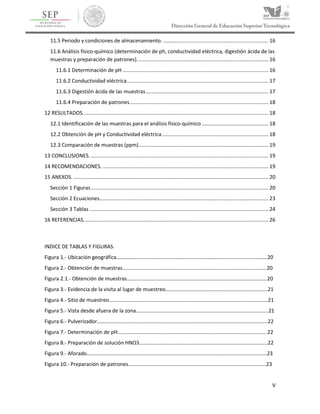 V
11.5 Periodo y condiciones de almacenamiento. ......................................................................... 16
11.6 Análisis físico-químico (determinación de ph, conductividad eléctrica, digestión ácida de las
muestras y preparación de patrones)........................................................................................... 16
11.6.1 Determinación de pH ..................................................................................................... 16
11.6.2 Conductividad eléctrica.................................................................................................. 17
11.6.3 Digestión ácida de las muestras..................................................................................... 17
11.6.4 Preparación de patrones................................................................................................ 18
12 RESULTADOS. ............................................................................................................................... 18
12.1 Identificación de las muestras para el análisis físico-químico .............................................. 18
12.2 Obtención de pH y Conductividad eléctrica.......................................................................... 18
12.3 Comparación de muestras (ppm).......................................................................................... 19
13 CONCLUSIONES. ........................................................................................................................... 19
14 RECOMENDACIONES.................................................................................................................... 19
15 ANEXOS. ....................................................................................................................................... 20
Sección 1 Figuras........................................................................................................................... 20
Sección 2 Ecuaciones..................................................................................................................... 23
Sección 3 Tablas ............................................................................................................................ 24
16 REFERENCIAS................................................................................................................................ 26
INDICE DE TABLAS Y FIGURAS.
Figura 1.- Ubicación geográfica……………………………………………………………………………………………………20
Figura 2.- Obtención de muestras……………………………………………………………………………………………….20
Figura 2.1.- Obtención de muestras…………………………………………………………………………………………….20
Figura 3.- Evidencia de la visita al lugar de muestreo…………………………………………………………………..21
Figura 4.- Sitio de muestreo…………………………………………………………………………………………………………21
Figura 5.- Vista desde afuera de la zona……………………………………………………………………………………….21
Figura 6.- Pulverizador…………………………………………………………………………………………………………………22
Figura 7.- Determinación de pH…………………………………………………………………………………………………..22
Figura 8.- Preparación de solución HNO3…………………………………………………………………………………….22
Figura 9.- Aforado……………………………………………………………………………………………………………………….23
Figura 10.- Preparación de patrones…………………………………………………………………………………………..23
 