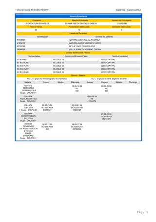 Fecha del reporte 11-03-2013 19:08:17                                                                                  Académico - Academusoft 3.2


                                                                 Horario Estudiante

                    Programa                                       Nombre Estudiante                                Número de Documento
          LICENCIATURA EN INGLES                           ELIANA YISETH CASTILLO GARCIA                                1110501591
               Total de Horas                                   Ponderación Mátriculada                             Semestre Matriculado
                      48                                                  16                                                 6
                                                                 Listado de Docentes
                           Identificación                                                       Nombre del Docente
 51900127                                                       ADRIANA LUCIA PALMA RAMIREZ
 41934179                                                       ADRIANA MARIA MORALES VASCO
 65752368                                                       LEYLA YINED TELLO RUEDA
 38244326                                                       ZULLY JEANETH MORENO OSPINA
                                                            Listado de Recursos Físicos
              Nomenclatura                                 Nombre del Espacio Físico                                Nombre Localidad
 SC-B16-A01                                    BLOQUE 16                                             SEDE CENTRAL
 SC-B32-A205                                   BLOQUE 32                                             SEDE CENTRAL
 SC-B33-A108                                   BLOQUE 33                                             SEDE CENTRAL
 SC-B33-A207                                   BLOQUE 33                                             SEDE CENTRAL
 SC-B33-A306                                   BLOQUE 33                                             SEDE CENTRAL
                                                                  Horario - Materia
             RE ::: El grupo no tiene asignado recurso físico                              DO ::: El grupo no tiene asignado docente
          Materia                  Lunes          Martes          Miércoles            Jueves         Viernes          Sábado          Domingo
         0501472                                                   18:00-19:59                        20:00-21:59
        SEMANTICA                                                      RE                                 RE
      Y PRAGMATICA                                                     DO                                 DO
     Grupo : GRUPO 01
         0501474                                                                      18:00-19:59
     SICOLINGUISTICA                                                                      RE
     Grupo : GRUPO 01                                                                  41934179

         0501479                 20:00-21:59                       20:00-21:59
         ELECTIVA               SC-B33-A306                       SC-B33-A108
    1 Grupo : GRUPO 01            51900127                          51900127
         0502494                                                                                      20:00-21:59
      CONSTITUCION                                                                                    SC-B16-A01
         POLITICA                                                                                      38244326
     Grupo : GRUPO 01
         0503538                 16:00-17:59                       16:00-17:59
        SEMINARIO               SC-B32-A205                       SC-B33-A207
    DE INVESTIGACION                 DO                             65752368
         2: TEMAS
          SOBRE
        ENSEÑANZ
    Grupo : GRUPO 01




                                                                                                                                             Pág. 1
 