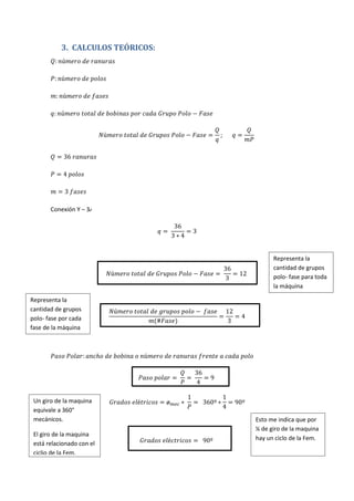 3. CALCULOS TEÓRICOS:
𝑄: 𝑛ú𝑚𝑒𝑟𝑜 𝑑𝑒 𝑟𝑎𝑛𝑢𝑟𝑎𝑠
𝑃: 𝑛ú𝑚𝑒𝑟𝑜 𝑑𝑒 𝑝𝑜𝑙𝑜𝑠
𝑚: 𝑛ú𝑚𝑒𝑟𝑜 𝑑𝑒 𝑓𝑎𝑠𝑒𝑠
𝑞: 𝑛ú𝑚𝑒𝑟𝑜 𝑡𝑜𝑡𝑎𝑙 𝑑𝑒 𝑏𝑜𝑏𝑖𝑛𝑎𝑠 𝑝𝑜𝑟 𝑐𝑎𝑑𝑎 𝐺𝑟𝑢𝑝𝑜 𝑃𝑜𝑙𝑜 − 𝐹𝑎𝑠𝑒
𝑁ú𝑚𝑒𝑟𝑜 𝑡𝑜𝑡𝑎𝑙 𝑑𝑒 𝐺𝑟𝑢𝑝𝑜𝑠 𝑃𝑜𝑙𝑜 − 𝐹𝑎𝑠𝑒 =
𝑄
𝑞
; 𝑞 =
𝑄
𝑚𝑃
𝑄 = 36 𝑟𝑎𝑛𝑢𝑟𝑎𝑠
𝑃 = 4 𝑝𝑜𝑙𝑜𝑠
𝑚 = 3 𝑓𝑎𝑠𝑒𝑠
Conexión Y – 3ø
𝑞 =
36
3 ∗ 4
= 3
𝑁ú𝑚𝑒𝑟𝑜 𝑡𝑜𝑡𝑎𝑙 𝑑𝑒 𝐺𝑟𝑢𝑝𝑜𝑠 𝑃𝑜𝑙𝑜 − 𝐹𝑎𝑠𝑒 =
36
3
= 12
𝑁ú𝑚𝑒𝑟𝑜 𝑡𝑜𝑡𝑎𝑙 𝑑𝑒 𝑔𝑟𝑢𝑝𝑜𝑠 𝑝𝑜𝑙𝑜 − 𝑓𝑎𝑠𝑒
𝑚(#𝐹𝑎𝑠𝑒)
=
12
3
= 4
𝑃𝑎𝑠𝑜 𝑃𝑜𝑙𝑎𝑟: 𝑎𝑛𝑐ℎ𝑜 𝑑𝑒 𝑏𝑜𝑏𝑖𝑛𝑎 𝑜 𝑛ú𝑚𝑒𝑟𝑜 𝑑𝑒 𝑟𝑎𝑛𝑢𝑟𝑎𝑠 𝑓𝑟𝑒𝑛𝑡𝑒 𝑎 𝑐𝑎𝑑𝑎 𝑝𝑜𝑙𝑜
𝑃𝑎𝑠𝑜 𝑝𝑜𝑙𝑎𝑟 =
𝑄
𝑃
=
36
4
= 9
𝐺𝑟𝑎𝑑𝑜𝑠 𝑒𝑙é𝑡𝑟𝑖𝑐𝑜𝑠 = ø 𝑚𝑒𝑐 ∗
1
𝑃
= 360º ∗
1
4
= 90º
𝐺𝑟𝑎𝑑𝑜𝑠 𝑒𝑙é𝑐𝑡𝑟𝑖𝑐𝑜𝑠 = 90º
Representa la
cantidad de grupos
polo- fase para toda
la máquina
Representa la
cantidad de grupos
polo- fase por cada
fase de la máquina
Un giro de la maquina
equivale a 360°
mecánicos.
El giro de la maquina
está relacionado con el
ciclio de la Fem.
Esto me indica que por
¼ de giro de la maquina
hay un ciclo de la Fem.
 