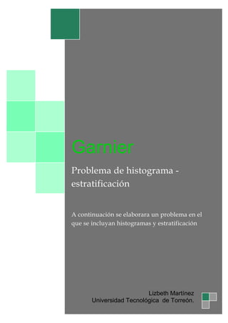 Garnier
Problema de histograma -
estratificación


A continuación se elaborara un problema en el
que se incluyan histogramas y estratificación




                          Lizbeth Martínez
       Universidad Tecnológica de Torreón.
 