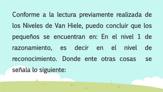 Conforme a la lectura previamente realizada de
los Niveles de Van Hiele, puedo concluir que los
pequeños se encuentran en: En el nivel 1 de
razonamiento, es decir en el nivel de
reconocimiento. Donde ente otras cosas se
señala lo siguiente:
 