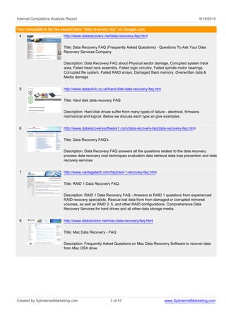 Internet Competitive Analysis Report                                                                              9/19/2010

Your competitors for the search term "data recovery faq" on Google.com
 4                          http://www.datarecovery.net/data-recovery-faq.html


                            Title: Data Recovery FAQ (Frequently Asked Questions) - Questions To Ask Your Data
                            Recovery Services Company


                            Description: Data Recovery FAQ about Physical sector damage, Corrupted system track
                            area, Failed head rack assembly, Failed logic circuitry, Failed spindle motor bearings,
                            Corrupted file system, Failed RAID arrays, Damaged flash memory, Overwritten data &
                            Media damage


 5                          http://www.dataclinic.co.uk/hard-disk-data-recovery-faq.htm


                            Title: Hard disk data recovery FAQ


                            Description: Hard disk drives suffer from many types of failure - electrical, firmware,
                            mechanical and logical. Below we discuss each type an give examples.


 6                          http://www.datarecoverysoftware1.com/data-recovery-faq/data-recovery-faq.html


                            Title: Data Recovery FAQ's


                            Description: Data Recovery FAQ answers all the questions related to the data recovery
                            process data recovery cost techniques evaluation data retrieval data loss prevention and data
                            recovery services


 7                          http://www.vantagetech.com/faq/raid-1-recovery-faq.html


                            Title: RAID 1 Data Recovery FAQ


                            Description: RAID 1 Data Recovery FAQ - Answers to RAID 1 questions from experienced
                            RAID recovery specialists. Rescue lost data from from damaged or corrupted mirrored
                            volumes, as well as RAID 0, 5, and other RAID configurations. Comprehensive Data
                            Recovery Services for hard drives and all other data storage media.


 9                          http://www.diskdoctors.net/mac-data-recovery/faq.html


                            Title: Mac Data Recovery - FAQ


                            Description: Frequently Asked Questions on Mac Data Recovery Software to recover data
                            from Mac OSX drive




Created by SplinternetMarketing.com                      3 of 47                            www.SplinternetMarketing.com
 