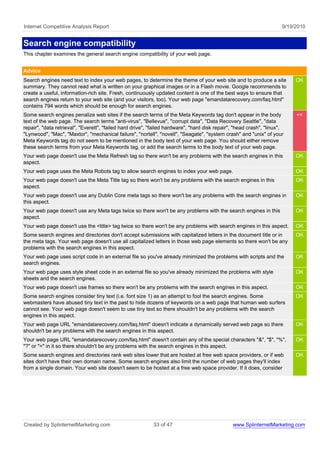 Internet Competitive Analysis Report                                                                                   9/19/2010


Search engine compatibility
This chapter examines the general search engine compatibility of your web page.


Advice
Search engines need text to index your web pages, to determine the theme of your web site and to produce a site             OK
summary. They cannot read what is written on your graphical images or in a Flash movie. Google recommends to
create a useful, information-rich site. Fresh, continuously updated content is one of the best ways to ensure that
search engines return to your web site (and your visitors, too). Your web page "emandatarecovery.com/faq.html"
contains 794 words which should be enough for search engines.
Some search engines penalize web sites if the search terms of the Meta Keywords tag don't appear in the body                <<
text of the web page. The search terms "anti-virus", "Bellevue", "corrupt data", "Data Recovery Seattle", "data
repair", "data retrieval", "Everett", "failed hard drive", "failed hardware", "hard disk repair", "head crash", "linux",
"Lynwood", "Mac", "Maxtor", "mechanical failure", "nortell", "novell", "Seagate", "system crash" and "unix" of your
Meta Keywords tag do not seem to be mentioned in the body text of your web page. You should either remove
these search terms from your Meta Keywords tag, or add the search terms to the body text of your web page.
Your web page doesn't use the Meta Refresh tag so there won't be any problems with the search engines in this               OK
aspect.
Your web page uses the Meta Robots tag to allow search engines to index your web page.                                      OK
Your web page doesn't use the Meta Title tag so there won't be any problems with the search engines in this                 OK
aspect.
Your web page doesn't use any Dublin Core meta tags so there won't be any problems with the search engines in               OK
this aspect.
Your web page doesn't use any Meta tags twice so there won't be any problems with the search engines in this                OK
aspect.
Your web page doesn't use the <title> tag twice so there won't be any problems with search engines in this aspect.          OK
Some search engines and directories don't accept submissions with capitalized letters in the document title or in           OK
the meta tags. Your web page doesn't use all capitalized letters in those web page elements so there won't be any
problems with the search engines in this aspect.
Your web page uses script code in an external file so you've already minimized the problems with scripts and the            OK
search engines.
Your web page uses style sheet code in an external file so you've already minimized the problems with style                 OK
sheets and the search engines.
Your web page doesn't use frames so there won't be any problems with the search engines in this aspect.                     OK
Some search engines consider tiny text (i.e. font size 1) as an attempt to fool the search engines. Some                    OK
webmasters have abused tiny text in the past to hide dozens of keywords on a web page that human web surfers
cannot see. Your web page doesn't seem to use tiny text so there shouldn't be any problems with the search
engines in this aspect.
Your web page URL "emandatarecovery.com/faq.html" doesn't indicate a dynamically served web page so there                   OK
shouldn't be any problems with the search engines in this aspect.
Your web page URL "emandatarecovery.com/faq.html" doesn't contain any of the special characters "&", "$", "%",              OK
"?" or "=" in it so there shouldn't be any problems with the search engines in this aspect.
Some search engines and directories rank web sites lower that are hosted at free web space providers, or if web             OK
sites don't have their own domain name. Some search engines also limit the number of web pages they'll index
from a single domain. Your web site doesn't seem to be hosted at a free web space provider. If it does, consider




Created by SplinternetMarketing.com                         33 of 47                            www.SplinternetMarketing.com
 