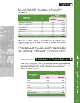 CONTRATOS
APORTANTES
LOTE
INGRESOS
(Millones de Nuevos Soles)
(*) Agosto 2013
Acumulado
a Agosto 2013
Pluspetrol Perú Corporation S.A 88 180.46 1,222.82
Pluspetrol Perú Corporation S.A 56 112.66 1,121.46
Petrobras Energía Perú S.A. X 43.57 370.93
Pluspetrol Norte S.A. 1-AB 36.07 271.70
Pluspetrol Norte S.A. 8 20.23 146.56
Savia Perú S.A. Z-2B 16.36 118.83
Aguaytía Energy del Perú S.R.L. 31-C 13.09 91.32
Otros Varios 13.66 292.12
TOTAL 436.10 3,635.74
TRANSFERENCIA A
REGIONES
JULIO 2013
(Millones de Nuevos Soles)
CANON SOBRECANON
Cusco 135.65 0.00
Piura 50.21 0.99
Loreto 28.51 1.14
Tumbes 3.97 12.56
Ucayali 4.1 7.13
Puerto Inca Huánuco 0.16 0.00
Total 222.61 21.82
En el mes de Agosto de 2013, los ingresos percibidos por el Estado
a través de PERUPETRO S.A., ascendieron a 436.10 millones de
nuevos soles.
(*) El tipo de cambio utilizado es el valor del precio de venta del dólar
americano publicado por la Superintendencia de Banca y Seguros (SBS)
el último día del mes.
Dichos ingresos se transfieren a las regiones beneficiarias del Canon
y Sobrecanon Petrolero y por Canon Gasífero, al Fondo de Desarrollo
Socio Económico de Camisea (FOCAM), al Ministerio de Energía y
Minas, OSINERGMIN y a PERUPETRO S.A y el saldo al Tesoro Público.
Ingresos
Transferencia de Canon a Regiones
En el mes de julio de 2013, del total de los ingresos de 436.41 millones de
nuevos soles percibidos por el Estado, se efectuaron transferencias a las
Regiones por concepto de Canon y Sobrecanon Petrolero y Canon
Gasífero, respectivamente.
www.perupetro.com.pe
3
 