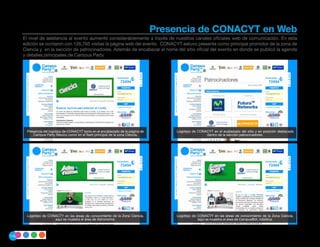 Presencia de CONACYT en Web
      El nivel de asistencia al evento aumentó considerablemente a través de nuestros canales oficiales web de comunicación. En esta
      edición se contaron con 126,765 visitas la página web del evento. CONACYT estuvo presente como principal promotor de la zona de
      Ciencia y en la sección de patrocinadores. Además de encabezar el home del sitio oficial del evento en donde se publicó la agenda
      y detalles principales de Campus Party




       Presencia del logotipo de CONACYT tanto en el encabezado de la página de        Logotipo de CONACYT en el ecabezado del sitio y en posición destacada
           Campus Party México como en el flash principal de la zona Ciencia.                          dentro de la sección patrocinadores.




       Logotipo de CONACTY en las áreas de conocimiento de la Zona Ciencia,            Logotipo de CONACTY en las áreas de conocimiento de la Zona Ciencia,
                      aquí se muestra el área de Astronomía.                                       aquí se muestra el área de CampusBot, robótica.



140
 
