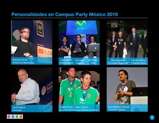 Personalidades en Campus Party México 2010




Eduardo Arcos               Akira Yamaoka,      Oscar Yasser   Daito Manabe      Paco Ragageles          Francisco Gil Díaz
Director de Hipertextual   Músico y productor   Podcastero        Artista     Co-Fundador Campus Party   Dir. Telefónica México




Javier Matuk               Fausto Pinto y Jesús Corona                        Raúl Ramírez Isopixel
Periodista                 Jugadores de la Selección Mexicana de Fútbol       Diseñador, Twittero


                                                                                                                                  17
 