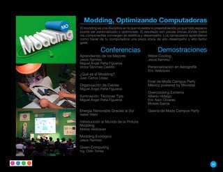 Modding, Optimizando Computadoras
El modding es una disciplina en la que no existe lo preestablecido ya que todo espacio
puede ser personalizado y optimizado. El resultado son piezas únicas donde todos
los componentes convergen en estética y desempeño. Los campuseros aprendieron
como hacer de tu computadora una pieza única de alto desempeño y alto factor
geek.

               Conferencias                         Demostraciones
Aprendiendo de los Mejores                   Water Cooling
Jesús Ramirez                                Jesús Ramírez
Miguel Ángel Peña Figueroa.
Víctor Sánchez Castillo                      Personalización en Aerografía
                                             Eric Velázquez
¿Qué es el Modding?
Juan Carlos López
                                             Final de Mods Campus Party
Organización de Cables                       México powered by Movistar
Miguel Ángel Peña Figueroa
                                             Overclocking Extremo
Iluminación: Técnicas Tips                   Alberto Hidalgo
Miguel Ángel Peña Figueroa                   Eric Alain Olivares
                                             Moises García

Energía Renovable Gracias al Sol             Galería de Mods Campus Party
Isabel Nieto

Introducción al Mundo de la Pintura
Modding
Matías Velázquez

Modding Ecológico
Jesús Ramirez

Green Computing
Ing. Odín Torres


                                                                                         35
 