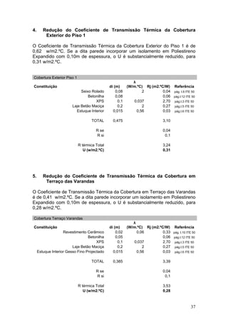 4.      Redução do Coeficiente de Transmissão Térmica da Cobertura
         Exterior do Piso 1

O Coeficiente de Transmissão Térmica da Cobertura Exterior do Piso 1 é de
0,62 w/m2.ºC. Se a dita parede incorporar um isolamento em Poliestireno
Expandido com 0,10m de espessura, o U é substancialmente reduzido, para
0,31 w/m2.ºC.


Cobertura Exterior Piso 1
                                                            λ
Constituição                                  di (m)     (W/m.ºC) Rj (m2.ºC/W)    Referência
                              Seixo Rolado        0,08           2         0,04   pág. I.9 ITE 50
                                  Betonilha       0,08                     0,06   pág.I.12 ITE 50
                                      XPS          0,1       0,037         2,70   pág.I.3 ITE 50
                         Laje Betão Maciça         0,2           2         0,27   pág.I.5 ITE 50
                           Estuque Interior     0,015         0,56         0,03   pág.I.6 ITE 50


                                   TOTAL        0,475                      3,10

                                      R se                                 0,04
                                      R si                                  0,1

                            R térmica Total                                3,24
                               U (w/m2.ºC)                                 0,31




5.      Redução do Coeficiente de Transmissão Térmica da Cobertura em
         Terraço das Varandas

O Coeficiente de Transmissão Térmica da Cobertura em Terraço das Varandas
é de 0,41 w/m2.ºC. Se a dita parede incorporar um isolamento em Poliestireno
Expandido com 0,10m de espessura, o U é substancialmente reduzido, para
0,28 w/m2.ºC.

Cobertura Terraço Varandas
                                                            λ
Constituição                                  di (m)     (W/m.ºC) Rj (m2.ºC/W)    Referência
                    Revestimento Cerâmico         0,02        0,06         0,33   pág. I.10 ITE 50
                                  Betonilha       0,05                     0,06   pág.I.12 ITE 50
                                       XPS         0,1       0,037         2,70   pág.I.3 ITE 50
                         Laje Betão Maciça         0,2           2         0,27   pág.I.5 ITE 50
     Estuque Interior Gesso Fino Projectado     0,015         0,56         0,03   pág.I.6 ITE 50


                                   TOTAL        0,385                      3,39

                                      R se                                 0,04
                                      R si                                  0,1

                            R térmica Total                                3,53
                               U (w/m2.ºC)                                 0,28



                                                                                              37
 