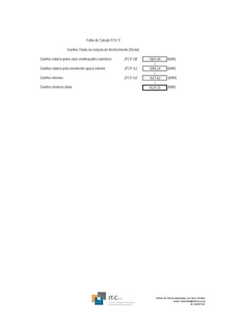 Folha de Cálculo FCV.1f

                  Ganhos Totais na estação de Arrefecimento (Verão)

Ganhos solares pelos vãos envidraçados exteriores        (FCV.1d)     1807,49       (kWh)
                                                                         +
Ganhos solares pela envolvente opaca exterior            (FCV.1c)     1094,24       (kWh)
                                                                         +
Ganhos internos                                          (FCV.1e)     1627,62        (kWh)
                                                                         =
Ganhos térmicos totais                                                4529,35       (kWh)




                                                                          Folhas de Cálculo elaboradas por Nuno Simões
                                                                                           email: nasimoes@itecons.uc.pt
                                                                                                          tlf: 239797191
 