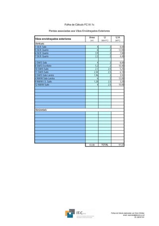 Folha de Cálculo FC IV.1c

                Perdas associadas aos Vãos Envidraçados Exteriores

                                                 Area             U                  U.A
Vãos envidraçados exteriores
                                                  (m²)          (W/m²ºC)            (W/ºC)
Verticais:
1 SE/E Sala                                                 4              2              8,00
5 SE/E Quarto                                               6              2             12,00
6 SE/E Quarto                                             3,9              2              7,80
7 SE/E Quarto                                             2,2              2              4,40

2 SW/S Sala                                                 4            2                8,00
8 SW/S Escritório                                         5,2            2               10,40
10 SW/S Suite                                             2,1          2,5                5,25
11 SW/S Suite                                            2,44          2,5                6,10
3 SW/S Sala Lareira                                      1,96            2                3,92
4 NW/W Sala Lareira                                         6            2               12,00
9 NW/W I.S. Suite                                        1,28          2,5                3,20
12 NW/W Suite                                               4          2,5               10,00




Horizontais:




                                                 43,08          TOTAL                    91,07




                                                                               Folhas de Cálculo elaboradas por Nuno Simões
                                                                                                email: nasimoes@itecons.uc.pt
                                                                                                               tlf: 239797191
 