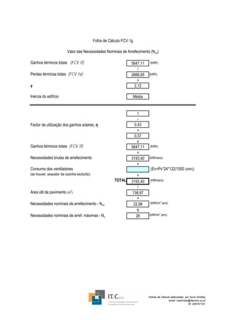 Folha de Cálculo FCV.1g

                         Valor das Necessidades Nominais de Arrefecimento (Nvc)

Ganhos térmicos totais (FCV.1f)                                   5647,11      (kWh)
                                                                      /
Perdas térmicas totais (FCV.1a)                                   2668,65     (kWh)
                                                                     =
γ                                                                   2,12

Inércia do edifício                                                   Média


                                                                      1
                                                                      -
Factor de utilização dos ganhos solares, η                          0,43
                                                                     =
                                                                    0,57
                                                                      x
Ganhos térmicos totais (FCV.1f)                                   5647,11      (kWh)
                                                                     =
Necessidades brutas de arrefecimento                              3193,40     (kWh/ano)
                                                                     +
Consumo dos ventiladores                                                       (Ev=Pv*24*122/1000 (kWh))
(se houver, exaustor da cozinha excluído)                             =
                                                        TOTAL     3193,40      (kWh/ano)

                                                                      /
Área útil de pavimento (m2)                                        138,97
                                                                      =
Necessidades nominais de arrefecimento - Nvc                        22,98      (kWh/m2.ano)

                                                                      ≤
Necessidades nominais de arref. máximas - Nv                         26       (kWh/m2.ano)




                                                                              Folhas de Cálculo elaboradas por Nuno Simões
                                                                                              email: nasimoes@itecons.uc.pt
                                                                                                              tlf: 239797191
 