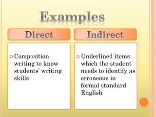  Composition         Underlined items
 writing to know      which the student
 students’ writing    needs to identify as
 skills               erroneous in
                      formal standard
                      English
 