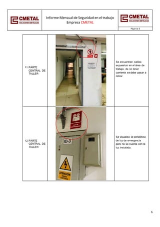 Informe Mensual de Seguridad en el trabajo
Empresa CMETAL
Página 6
6
11.PARTE
CENTRAL DE
TALLER
Se encuentran cables
expuestos en el área de
trabajo, de no tener
corriente se debe pasar a
retirar
12.PARTE
CENTRAL DE
TALLER
Se visualiza la señalética
de luz de emergencia
pero no se cuenta con la
luz instalada.
 