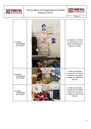 Informe Mensual de Seguridad en el trabajo
Empresa CMETAL
Página 8
8
17.PARTE
POSTERIOR
DE TALLER
Los lavaderos de manos
se encuentran en mal
estado y obstruidos por
material de trabajo.
18.PARTE
POSTERIOR
DE TALLER
El taller está teniendo
acumulación de chatarra
y basura lo cual genera
un peligro por obstrucción
del área.
19.PARTE
POSTERIOR
DE TALLER
El taller está teniendo
acumulación de chatarra
y basura lo cual genera
un peligro por obstrucción
del área.
 