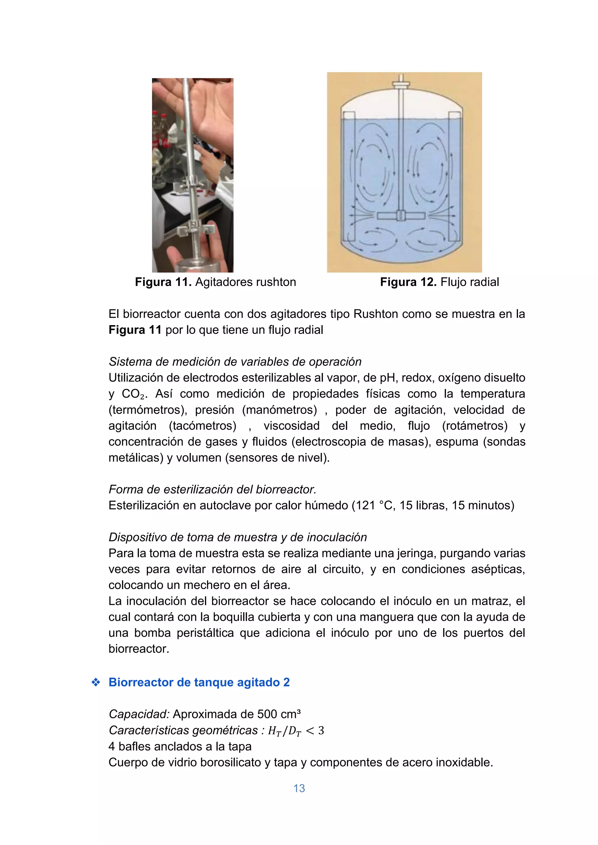 13
Figura 11. Agitadores rushton Figura 12. Flujo radial
El biorreactor cuenta con dos agitadores tipo Rushton como se muestra en la
Figura 11 por lo que tiene un flujo radial
Sistema de medición de variables de operación
Utilización de electrodos esterilizables al vapor, de pH, redox, oxígeno disuelto
y CO₂. Así como medición de propiedades físicas como la temperatura
(termómetros), presión (manómetros) , poder de agitación, velocidad de
agitación (tacómetros) , viscosidad del medio, flujo (rotámetros) y
concentración de gases y fluidos (electroscopia de masas), espuma (sondas
metálicas) y volumen (sensores de nivel).
Forma de esterilización del biorreactor.
Esterilización en autoclave por calor húmedo (121 °C, 15 libras, 15 minutos)
Dispositivo de toma de muestra y de inoculación
Para la toma de muestra esta se realiza mediante una jeringa, purgando varias
veces para evitar retornos de aire al circuito, y en condiciones asépticas,
colocando un mechero en el área.
La inoculación del biorreactor se hace colocando el inóculo en un matraz, el
cual contará con la boquilla cubierta y con una manguera que con la ayuda de
una bomba peristáltica que adiciona el inóculo por uno de los puertos del
biorreactor.
❖ Biorreactor de tanque agitado 2
Capacidad: Aproximada de 500 cm³
Características geométricas : 𝐻𝑇/𝐷𝑇 < 3
4 bafles anclados a la tapa
Cuerpo de vidrio borosilicato y tapa y componentes de acero inoxidable.
 