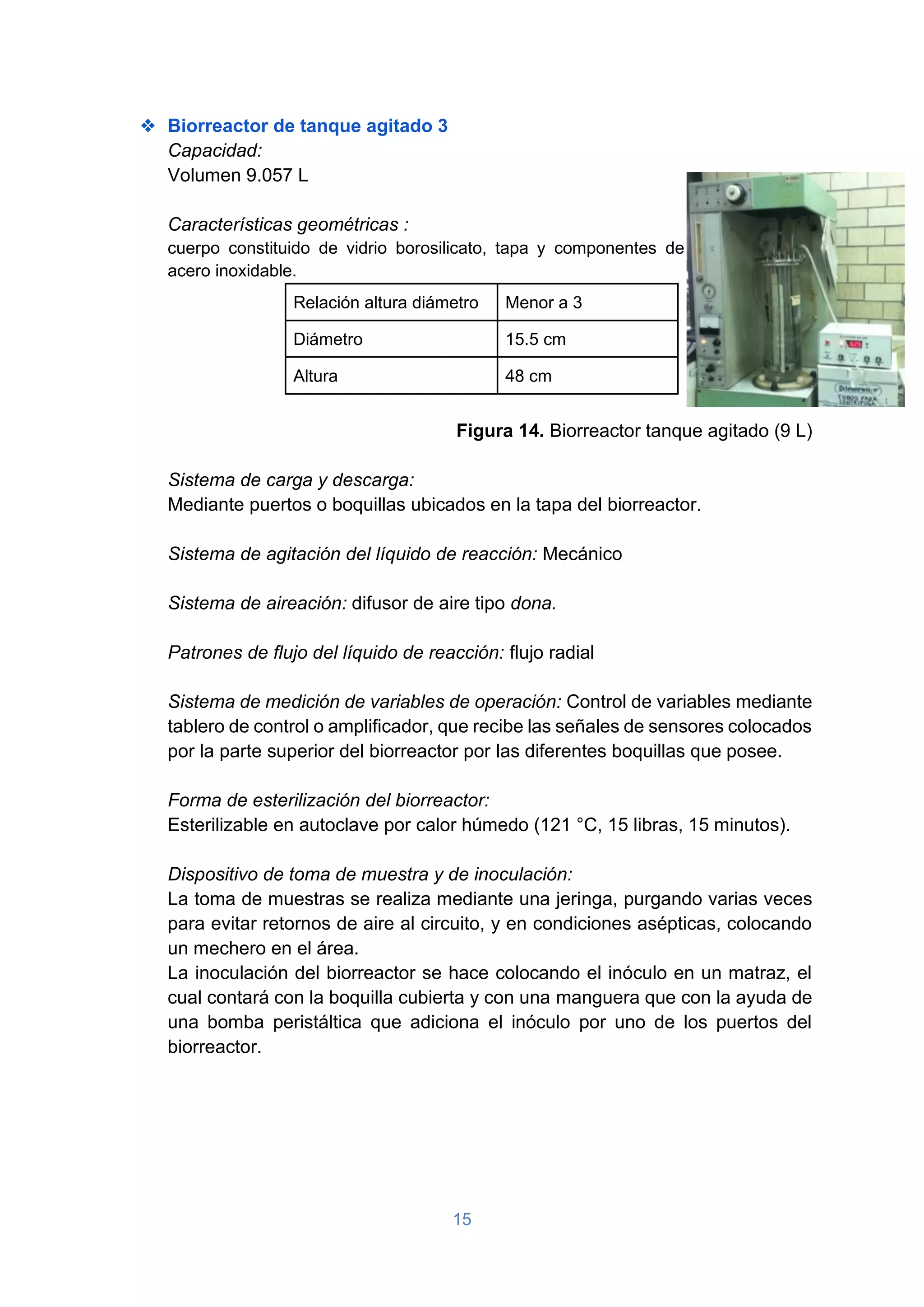 15
❖ Biorreactor de tanque agitado 3
Capacidad:
Volumen 9.057 L
Características geométricas :
cuerpo constituido de vidrio borosilicato, tapa y componentes de
acero inoxidable.
Relación altura diámetro Menor a 3
Diámetro 15.5 cm
Altura 48 cm
Figura 14. Biorreactor tanque agitado (9 L)
Sistema de carga y descarga:
Mediante puertos o boquillas ubicados en la tapa del biorreactor.
Sistema de agitación del líquido de reacción: Mecánico
Sistema de aireación: difusor de aire tipo dona.
Patrones de flujo del líquido de reacción: flujo radial
Sistema de medición de variables de operación: Control de variables mediante
tablero de control o amplificador, que recibe las señales de sensores colocados
por la parte superior del biorreactor por las diferentes boquillas que posee.
Forma de esterilización del biorreactor:
Esterilizable en autoclave por calor húmedo (121 °C, 15 libras, 15 minutos).
Dispositivo de toma de muestra y de inoculación:
La toma de muestras se realiza mediante una jeringa, purgando varias veces
para evitar retornos de aire al circuito, y en condiciones asépticas, colocando
un mechero en el área.
La inoculación del biorreactor se hace colocando el inóculo en un matraz, el
cual contará con la boquilla cubierta y con una manguera que con la ayuda de
una bomba peristáltica que adiciona el inóculo por uno de los puertos del
biorreactor.
 