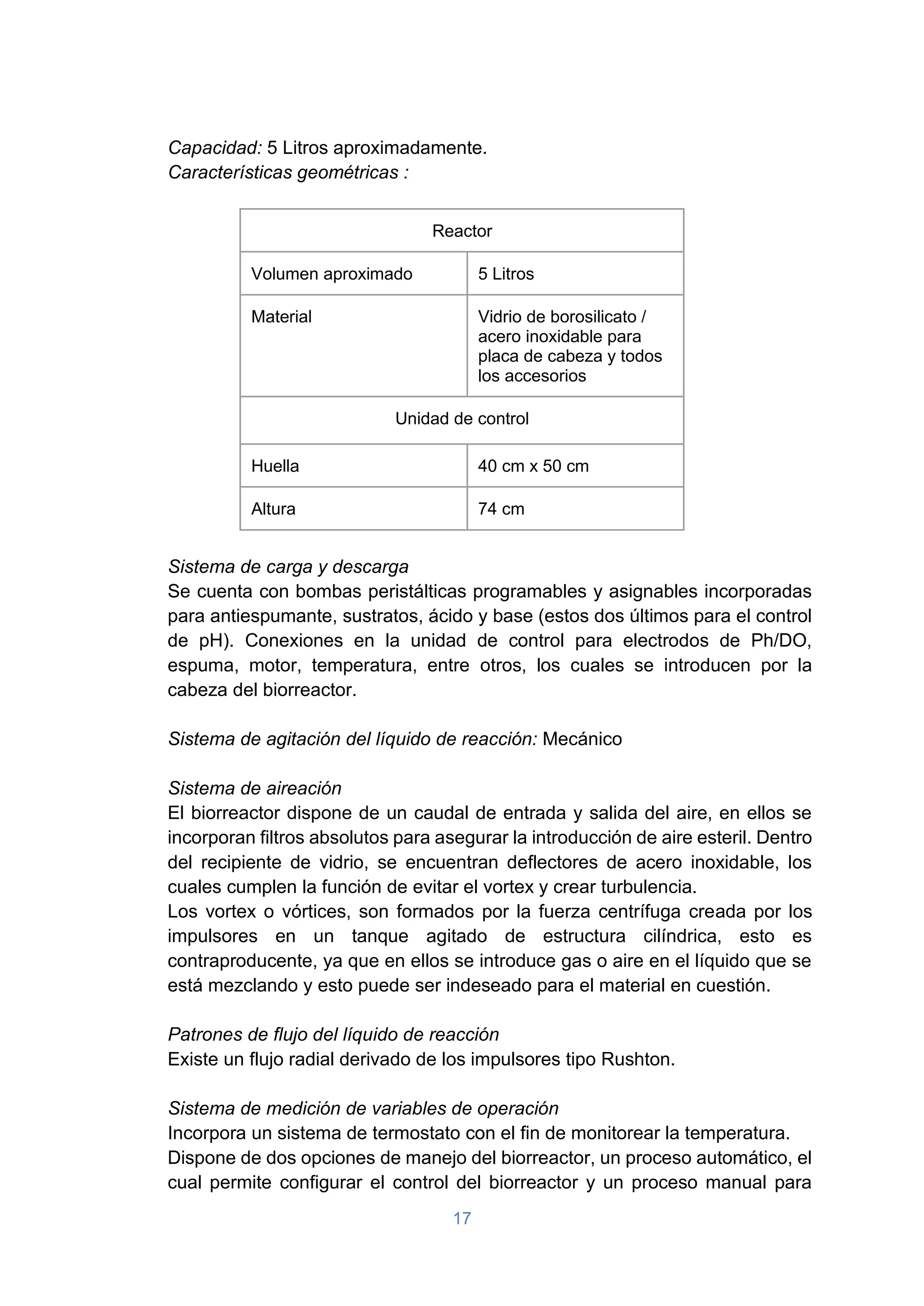 17
Capacidad: 5 Litros aproximadamente.
Características geométricas :
Reactor
Volumen aproximado 5 Litros
Material Vidrio de borosilicato /
acero inoxidable para
placa de cabeza y todos
los accesorios
Unidad de control
Huella 40 cm x 50 cm
Altura 74 cm
Sistema de carga y descarga
Se cuenta con bombas peristálticas programables y asignables incorporadas
para antiespumante, sustratos, ácido y base (estos dos últimos para el control
de pH). Conexiones en la unidad de control para electrodos de Ph/DO,
espuma, motor, temperatura, entre otros, los cuales se introducen por la
cabeza del biorreactor.
Sistema de agitación del líquido de reacción: Mecánico
Sistema de aireación
El biorreactor dispone de un caudal de entrada y salida del aire, en ellos se
incorporan filtros absolutos para asegurar la introducción de aire esteril. Dentro
del recipiente de vidrio, se encuentran deflectores de acero inoxidable, los
cuales cumplen la función de evitar el vortex y crear turbulencia.
Los vortex o vórtices, son formados por la fuerza centrífuga creada por los
impulsores en un tanque agitado de estructura cilíndrica, esto es
contraproducente, ya que en ellos se introduce gas o aire en el líquido que se
está mezclando y esto puede ser indeseado para el material en cuestión.
Patrones de flujo del líquido de reacción
Existe un flujo radial derivado de los impulsores tipo Rushton.
Sistema de medición de variables de operación
Incorpora un sistema de termostato con el fin de monitorear la temperatura.
Dispone de dos opciones de manejo del biorreactor, un proceso automático, el
cual permite configurar el control del biorreactor y un proceso manual para
 