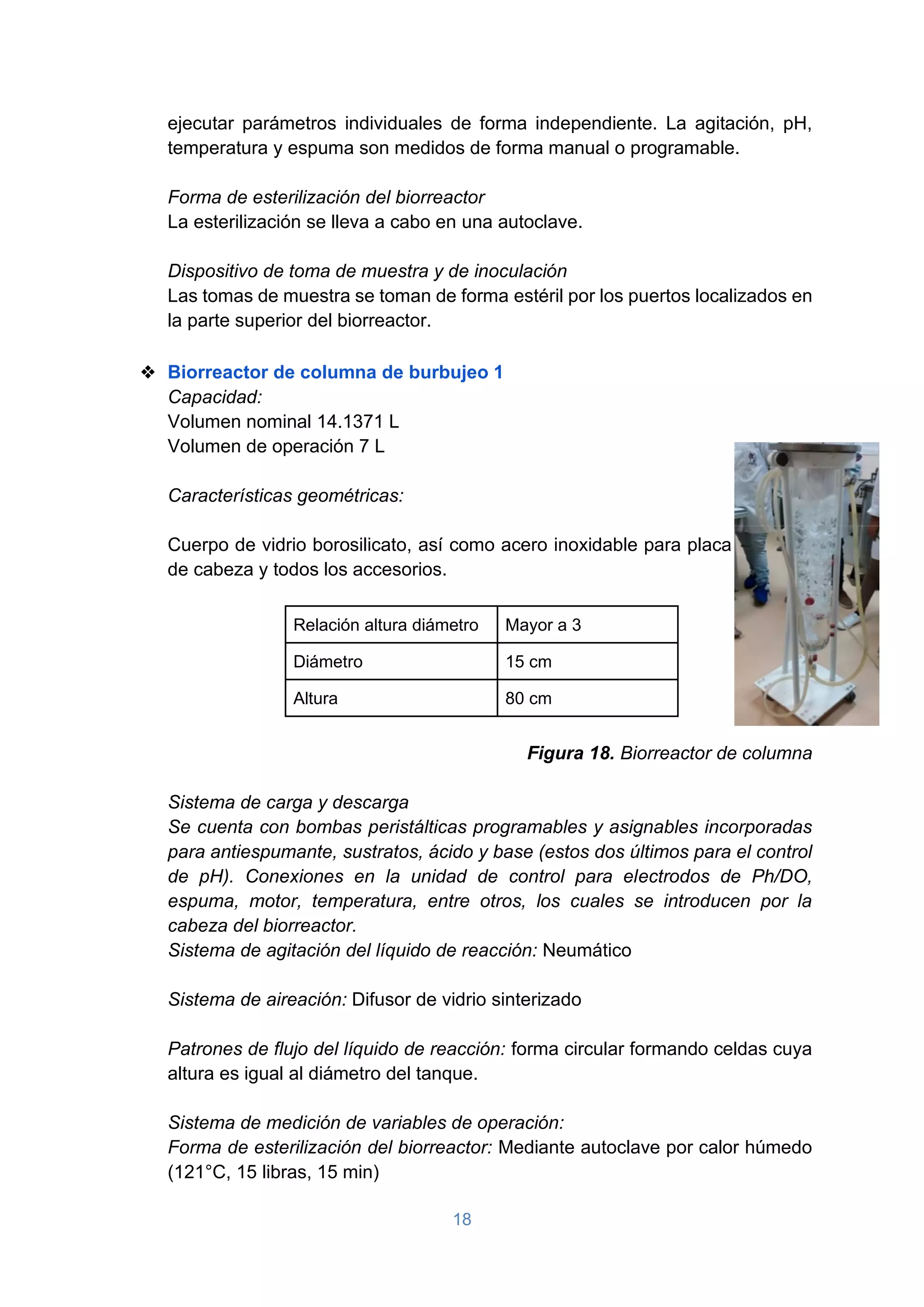 18
ejecutar parámetros individuales de forma independiente. La agitación, pH,
temperatura y espuma son medidos de forma manual o programable.
Forma de esterilización del biorreactor
La esterilización se lleva a cabo en una autoclave.
Dispositivo de toma de muestra y de inoculación
Las tomas de muestra se toman de forma estéril por los puertos localizados en
la parte superior del biorreactor.
❖ Biorreactor de columna de burbujeo 1
Capacidad:
Volumen nominal 14.1371 L
Volumen de operación 7 L
Características geométricas:
Cuerpo de vidrio borosilicato, así como acero inoxidable para placa
de cabeza y todos los accesorios.
Relación altura diámetro Mayor a 3
Diámetro 15 cm
Altura 80 cm
Figura 18. Biorreactor de columna
Sistema de carga y descarga
Se cuenta con bombas peristálticas programables y asignables incorporadas
para antiespumante, sustratos, ácido y base (estos dos últimos para el control
de pH). Conexiones en la unidad de control para electrodos de Ph/DO,
espuma, motor, temperatura, entre otros, los cuales se introducen por la
cabeza del biorreactor.
Sistema de agitación del líquido de reacción: Neumático
Sistema de aireación: Difusor de vidrio sinterizado
Patrones de flujo del líquido de reacción: forma circular formando celdas cuya
altura es igual al diámetro del tanque.
Sistema de medición de variables de operación:
Forma de esterilización del biorreactor: Mediante autoclave por calor húmedo
(121°C, 15 libras, 15 min)
 