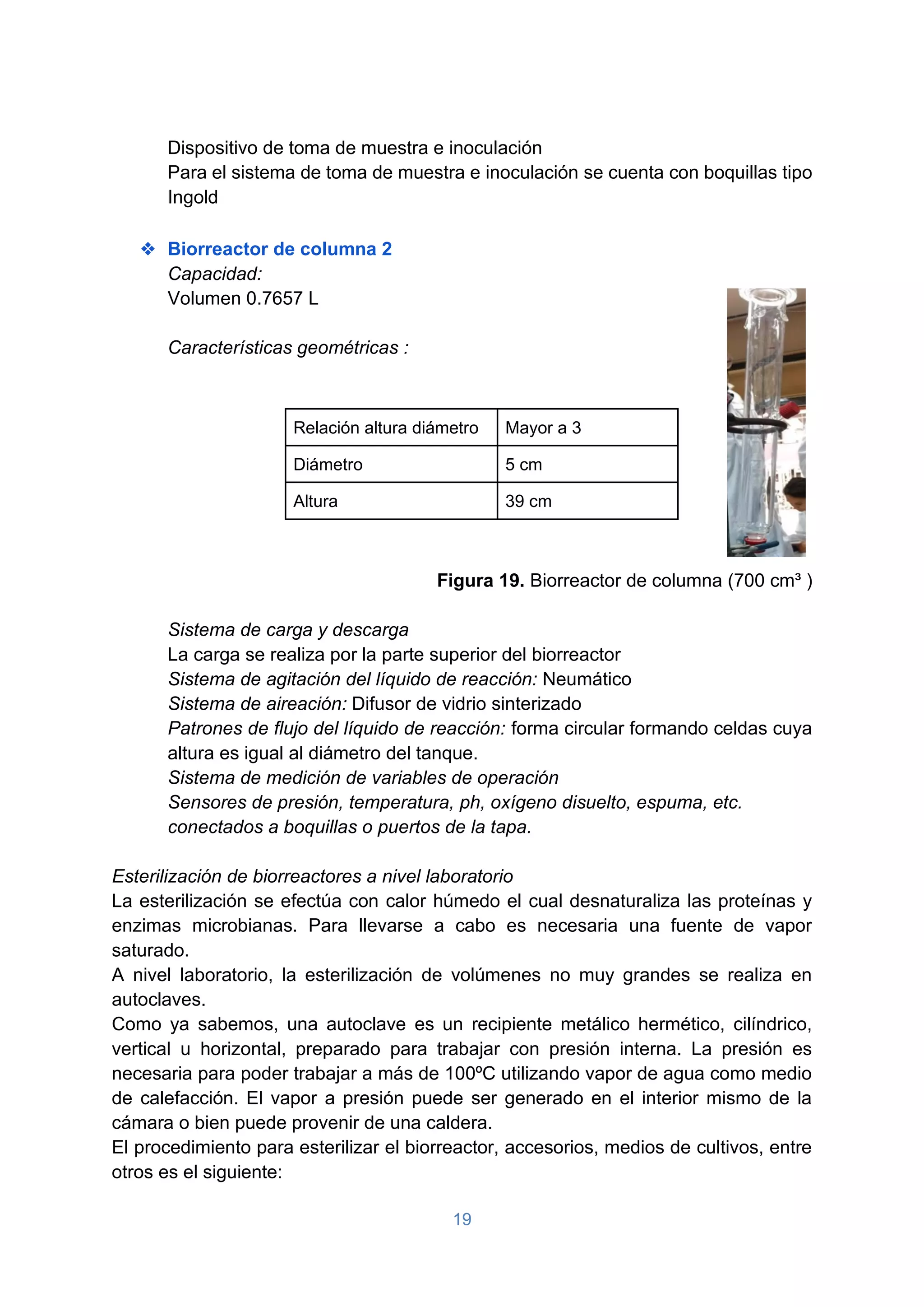19
Dispositivo de toma de muestra e inoculación
Para el sistema de toma de muestra e inoculación se cuenta con boquillas tipo
Ingold
❖ Biorreactor de columna 2
Capacidad:
Volumen 0.7657 L
Características geométricas :
Relación altura diámetro Mayor a 3
Diámetro 5 cm
Altura 39 cm
Figura 19. Biorreactor de columna (700 cm³ )
Sistema de carga y descarga
La carga se realiza por la parte superior del biorreactor
Sistema de agitación del líquido de reacción: Neumático
Sistema de aireación: Difusor de vidrio sinterizado
Patrones de flujo del líquido de reacción: forma circular formando celdas cuya
altura es igual al diámetro del tanque.
Sistema de medición de variables de operación
Sensores de presión, temperatura, ph, oxígeno disuelto, espuma, etc.
conectados a boquillas o puertos de la tapa.
Esterilización de biorreactores a nivel laboratorio
La esterilización se efectúa con calor húmedo el cual desnaturaliza las proteínas y
enzimas microbianas. Para llevarse a cabo es necesaria una fuente de vapor
saturado.
A nivel laboratorio, la esterilización de volúmenes no muy grandes se realiza en
autoclaves.
Como ya sabemos, una autoclave es un recipiente metálico hermético, cilíndrico,
vertical u horizontal, preparado para trabajar con presión interna. La presión es
necesaria para poder trabajar a más de 100ºC utilizando vapor de agua como medio
de calefacción. El vapor a presión puede ser generado en el interior mismo de la
cámara o bien puede provenir de una caldera.
El procedimiento para esterilizar el biorreactor, accesorios, medios de cultivos, entre
otros es el siguiente:
 