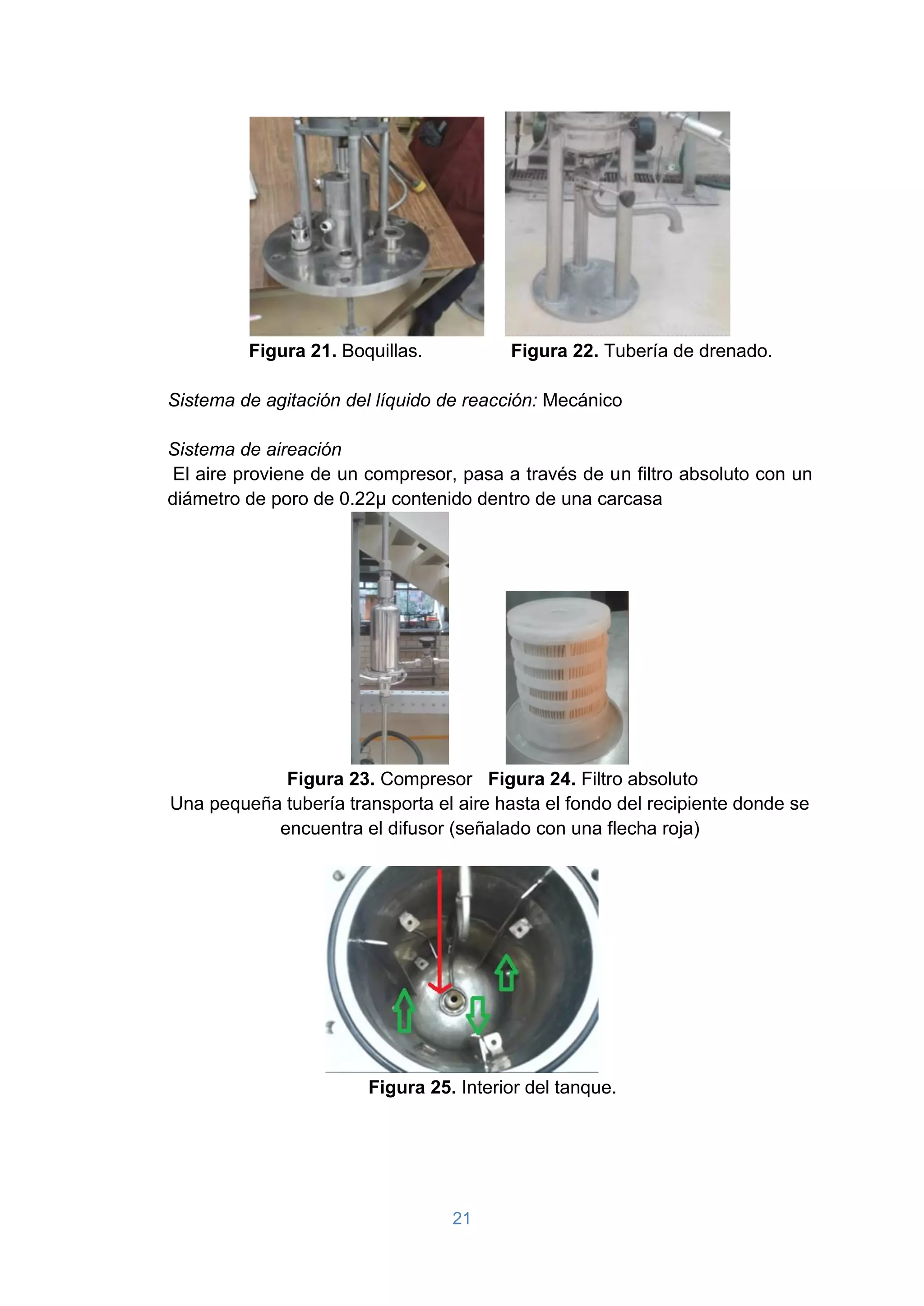 21
Figura 21. Boquillas. Figura 22. Tubería de drenado.
Sistema de agitación del líquido de reacción: Mecánico
Sistema de aireación
El aire proviene de un compresor, pasa a través de un filtro absoluto con un
diámetro de poro de 0.22μ contenido dentro de una carcasa
Figura 23. Compresor Figura 24. Filtro absoluto
Una pequeña tubería transporta el aire hasta el fondo del recipiente donde se
encuentra el difusor (señalado con una flecha roja)
Figura 25. Interior del tanque.
 