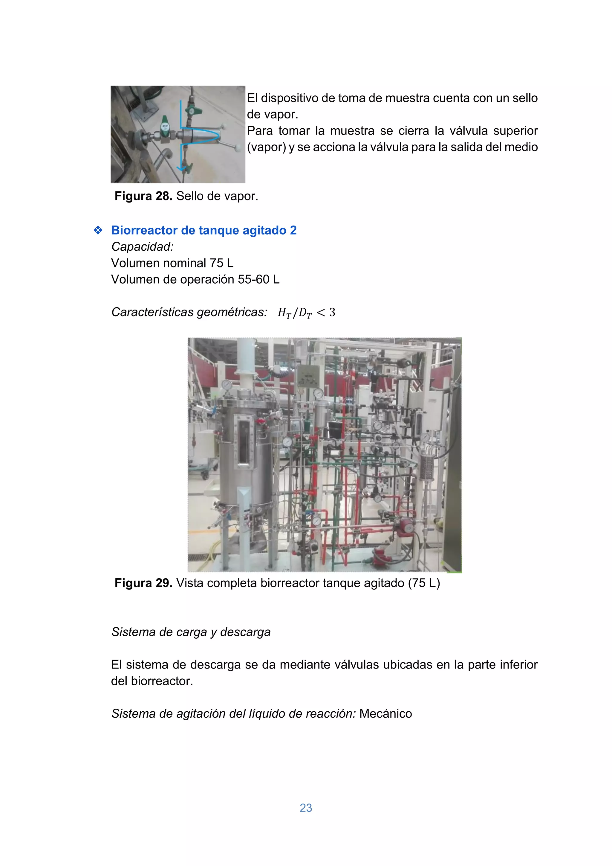 23
El dispositivo de toma de muestra cuenta con un sello
de vapor.
Para tomar la muestra se cierra la válvula superior
(vapor) y se acciona la válvula para la salida del medio
Figura 28. Sello de vapor.
❖ Biorreactor de tanque agitado 2
Capacidad:
Volumen nominal 75 L
Volumen de operación 55-60 L
Características geométricas: 𝐻𝑇/𝐷𝑇 < 3
Figura 29. Vista completa biorreactor tanque agitado (75 L)
Sistema de carga y descarga
El sistema de descarga se da mediante válvulas ubicadas en la parte inferior
del biorreactor.
Sistema de agitación del líquido de reacción: Mecánico
 