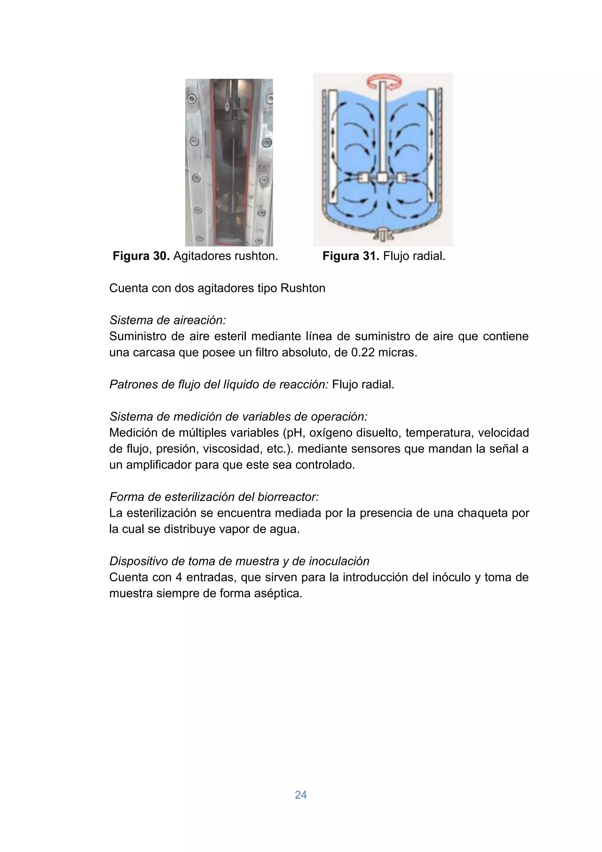24
Figura 30. Agitadores rushton. Figura 31. Flujo radial.
Cuenta con dos agitadores tipo Rushton
Sistema de aireación:
Suministro de aire esteril mediante línea de suministro de aire que contiene
una carcasa que posee un filtro absoluto, de 0.22 micras.
Patrones de flujo del líquido de reacción: Flujo radial.
Sistema de medición de variables de operación:
Medición de múltiples variables (pH, oxígeno disuelto, temperatura, velocidad
de flujo, presión, viscosidad, etc.). mediante sensores que mandan la señal a
un amplificador para que este sea controlado.
Forma de esterilización del biorreactor:
La esterilización se encuentra mediada por la presencia de una chaqueta por
la cual se distribuye vapor de agua.
Dispositivo de toma de muestra y de inoculación
Cuenta con 4 entradas, que sirven para la introducción del inóculo y toma de
muestra siempre de forma aséptica.
 