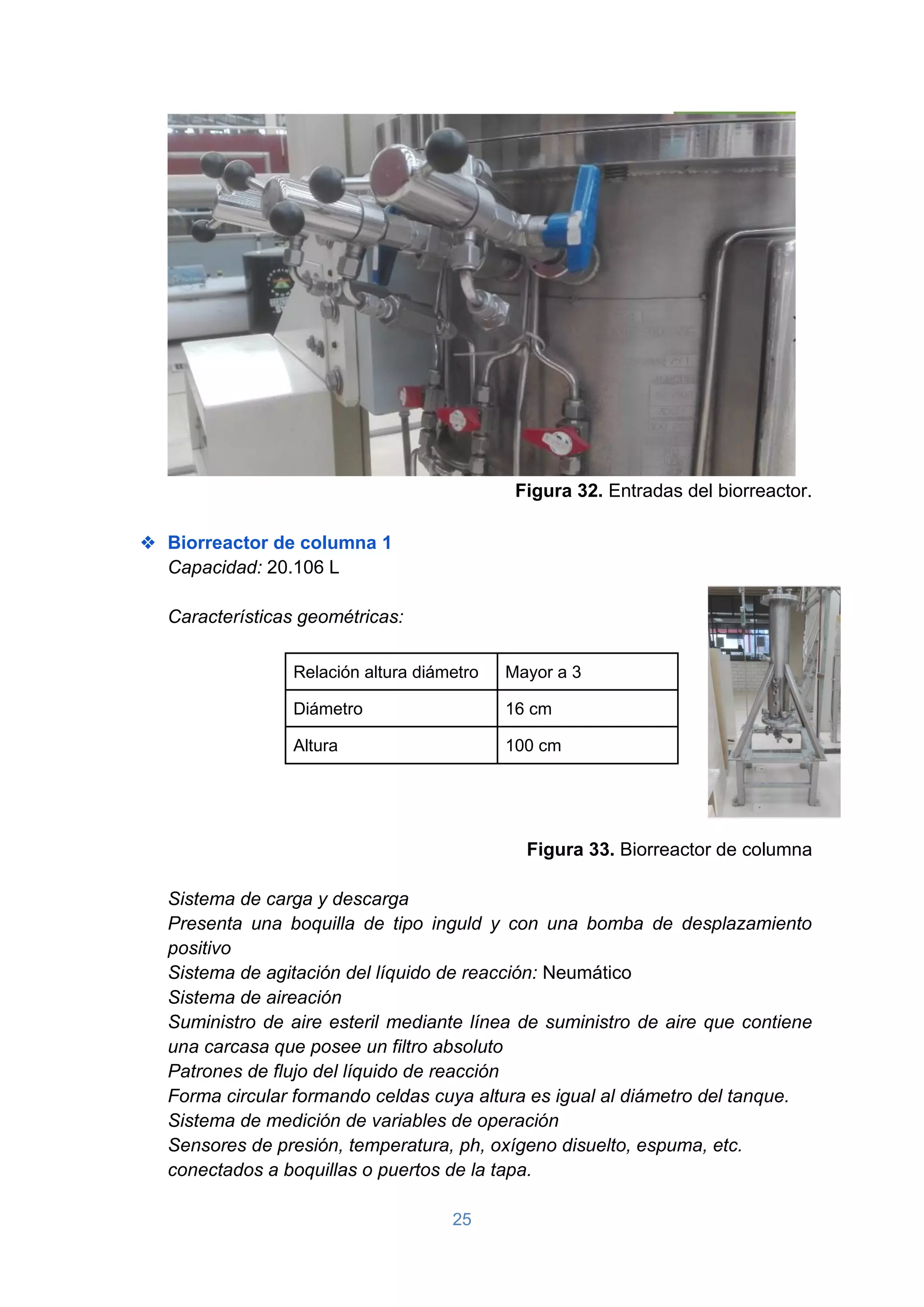 25
Figura 32. Entradas del biorreactor.
❖ Biorreactor de columna 1
Capacidad: 20.106 L
Características geométricas:
Relación altura diámetro Mayor a 3
Diámetro 16 cm
Altura 100 cm
Figura 33. Biorreactor de columna
Sistema de carga y descarga
Presenta una boquilla de tipo inguld y con una bomba de desplazamiento
positivo
Sistema de agitación del líquido de reacción: Neumático
Sistema de aireación
Suministro de aire esteril mediante línea de suministro de aire que contiene
una carcasa que posee un filtro absoluto
Patrones de flujo del líquido de reacción
Forma circular formando celdas cuya altura es igual al diámetro del tanque.
Sistema de medición de variables de operación
Sensores de presión, temperatura, ph, oxígeno disuelto, espuma, etc.
conectados a boquillas o puertos de la tapa.
 