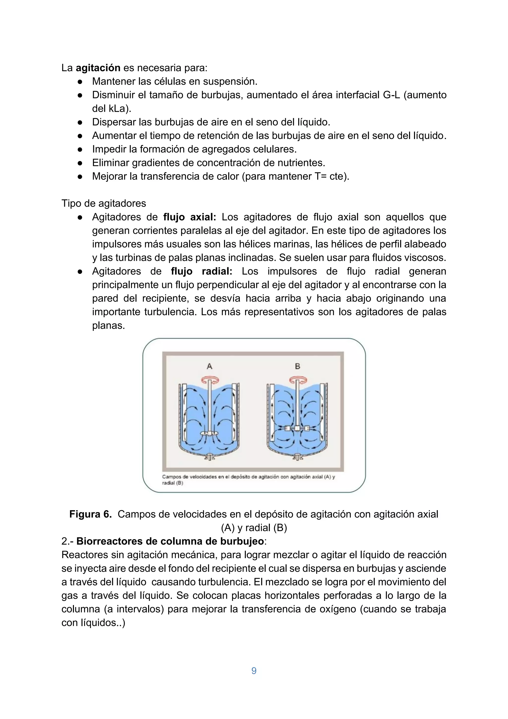 9
La agitación es necesaria para:
● Mantener las células en suspensión.
● Disminuir el tamaño de burbujas, aumentado el área interfacial G-L (aumento
del kLa).
● Dispersar las burbujas de aire en el seno del líquido.
● Aumentar el tiempo de retención de las burbujas de aire en el seno del líquido.
● Impedir la formación de agregados celulares.
● Eliminar gradientes de concentración de nutrientes.
● Mejorar la transferencia de calor (para mantener T= cte).
Tipo de agitadores
● Agitadores de flujo axial: Los agitadores de flujo axial son aquellos que
generan corrientes paralelas al eje del agitador. En este tipo de agitadores los
impulsores más usuales son las hélices marinas, las hélices de perfil alabeado
y las turbinas de palas planas inclinadas. Se suelen usar para fluidos viscosos.
● Agitadores de flujo radial: Los impulsores de flujo radial generan
principalmente un flujo perpendicular al eje del agitador y al encontrarse con la
pared del recipiente, se desvía hacia arriba y hacia abajo originando una
importante turbulencia. Los más representativos son los agitadores de palas
planas.
Figura 6. Campos de velocidades en el depósito de agitación con agitación axial
(A) y radial (B)
2.- Biorreactores de columna de burbujeo:
Reactores sin agitación mecánica, para lograr mezclar o agitar el líquido de reacción
se inyecta aire desde el fondo del recipiente el cual se dispersa en burbujas y asciende
a través del líquido causando turbulencia. El mezclado se logra por el movimiento del
gas a través del líquido. Se colocan placas horizontales perforadas a lo largo de la
columna (a intervalos) para mejorar la transferencia de oxígeno (cuando se trabaja
con líquidos..)
 