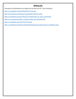 Bibliografía
Entrenador de hidrodinámica con adquisición de datos por PC. (Gunt Hamburg)
https://es.wikipedia.org/wiki/Hidrodin%C3%A1mica
http://www.dincorsa.com/blog/seis-propiedades-tuberias-cobre/
https://es.wikipedia.org/wiki/Tuber%C3%ADa#Tubos_de_acero_galvanizado
https://www.lenntech.es/filtros-y-filtracion/filtro-de-sedimentos.htm
https://es.wikipedia.org/wiki/V%C3%A1lvula
https://es.slideshare.net/IngVictorManuelSalinasJarquin/caida-de-presin-y-prdida-de-carga
 