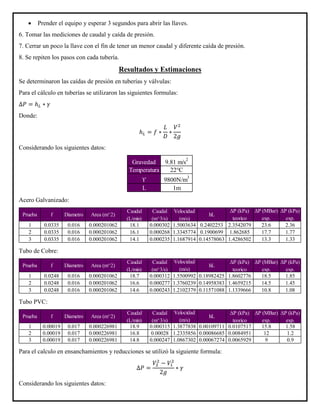 • Prender el equipo y esperar 3 segundos para abrir las llaves.
6. Tomar las mediciones de caudal y caída de presión.
7. Cerrar un poco la llave con el fin de tener un menor caudal y diferente caída de presión.
8. Se repiten los pasos con cada tubería.
Resultados y Estimaciones
Se determinaron las caídas de presión en tuberías y válvulas:
Para el cálculo en tuberías se utilizaron las siguientes formulas:
∆𝑃 = ℎ 𝐿 ∗ 𝛾
Donde:
ℎ 𝐿 = 𝑓 ∗
𝐿
𝐷
∗
𝑉2
2𝑔
Considerando los siguientes datos:
Acero Galvanizado:
Tubo de Cobre:
Tubo PVC:
Para el calculo en ensanchamientos y reducciones se utilizó la siguiente formula:
∆𝑃 =
𝑉2
2
− 𝑉1
2
2𝑔
∗ 𝛾
Considerando los siguientes datos:
Gravedad 9.81 m/s2
Temperatura 22°C
ϒ 9800N/m3
L 1m
1 0.0335 0.016 0.000201062 18.1 0.000302 1.5003634 0.2402253 2.3542079 23.6 2.36
2 0.0335 0.016 0.000201062 16.1 0.000268 1.3345774 0.1900699 1.862685 17.7 1.77
3 0.0335 0.016 0.000201062 14.1 0.000235 1.1687914 0.14578063 1.4286502 13.3 1.33
Prueba f Diametro Area (m^2)
Caudal
(m^3/s)
hL
ΔP (kPa)
teorico
ΔP (MBar)
exp.
ΔP (kPa)
exp.
Caudal
(L/min)
Velocidad
(m/s)
1 0.0248 0.016 0.000201062 18.7 0.000312 1.5500992 0.18982425 1.8602776 18.5 1.85
2 0.0248 0.016 0.000201062 16.6 0.000277 1.3760239 0.14958383 1.4659215 14.5 1.45
3 0.0248 0.016 0.000201062 14.6 0.000243 1.2102379 0.11571088 1.1339666 10.8 1.08
Caudal
(m^3/s)
Velocidad
(m/s)
Prueba f Diametro Area (m^2)
Caudal
(L/min)
hL
ΔP (kPa)
teorico
ΔP (MBar)
exp.
ΔP (kPa)
exp.
1 0.00019 0.017 0.000226981 18.9 0.000315 1.3877838 0.00109711 0.0107517 15.8 1.58
2 0.00019 0.017 0.000226981 16.8 0.00028 1.2335856 0.00086685 0.0084951 12 1.2
3 0.00019 0.017 0.000226981 14.8 0.000247 1.0867302 0.00067274 0.0065929 9 0.9
Area (m^2)
Caudal
(m^3/s)
Prueba f Diametro
Caudal
(L/min)
hL
ΔP (kPa)
teorico
Velocidad
(m/s)
ΔP (MBar)
exp.
ΔP (kPa)
exp.
 
