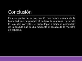 Conclusión
En este punto de la practica #1 nos damos cuenta de la
humedad que ha perdido el pedazo de manzana, haciendo
los cálculos correctos se pudo llegar a saber el porcentaje
de la perdida que se dio mediante el secado de la muestra
en el horno.
 