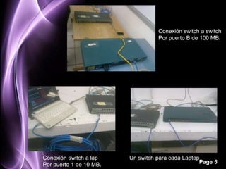Conexión switch a switch
                                   Por puerto B de 100 MB.




Conexión switch a lap    Un switch para cada Laptop
Por puerto 1 de 10 MB.                             Page 5
 
