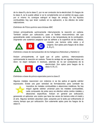 15
de la clase B y de la clase C, por no ser conductor de la electricidad. En fuegos de
la clase A, se lo puede utilizar si se lo complementa con un extintor de agua, pues
por sí mismo no consigue extinguir el fuego de arraigo. En los líquidos
combustibles hay que tener cuidado en su aplicación, a los efectos de evitar
salpicaduras.
Extintores de Polvo químico seco triclase ABC
Actúan principalmente químicamente interrumpiendo la reacción en cadena.
También actúan por sofocación, pues el fosfato mono-amónico del que
generalmente están compuestos, se funde a las temperaturas de la combustión,
originando una sustancia pegajosa que se adhiere a la superficie de los sólidos,
creando una barrera entre estos y el
oxígeno. Son aptos para fuegos de la clase
A, B y C.
Extintores a base de reemplazantes de los halógenos (Haloclean y Halotron I)
Actúan principalmente, al igual que el polvo químico, interrumpiendo
químicamente la reacción en cadena. Tienen la ventaja de ser agentes limpios, es
decir, no dejan vestigios ni residuos, además de no ser conductores de la
electricidad. Son aptos para fuegos de la
clase A, B y C.
Extintores a base de polvos especiales para la clase D
Algunos metales reaccionan con violencia si se les aplica el agente extintor
equivocado. Existe una gran variedad de formulaciones para combatir los
incendios de metales combustibles o aleaciones metálicas. No hay
ningún agente extintor universal para los metales combustibles,
cada compuesto de polvo seco es efectivo sobre ciertos metales y
aleaciones específicas. Actúan en general por sofocación,
generando al aplicarse una costra que hace las veces de barrera entre el metal y
el aire. Algunos también absorben calor, actuando por lo tanto por enfriamiento al
mismo tiempo que por sofocación. Son solamente aptos para los fuegos de la
clase D.
 