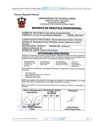 Reporte Ejecutivo Prácticas Profesionales   Sistema Jalisciense de Radio y Televisión




Ing. en Comunicación Multimedia                                                23
 