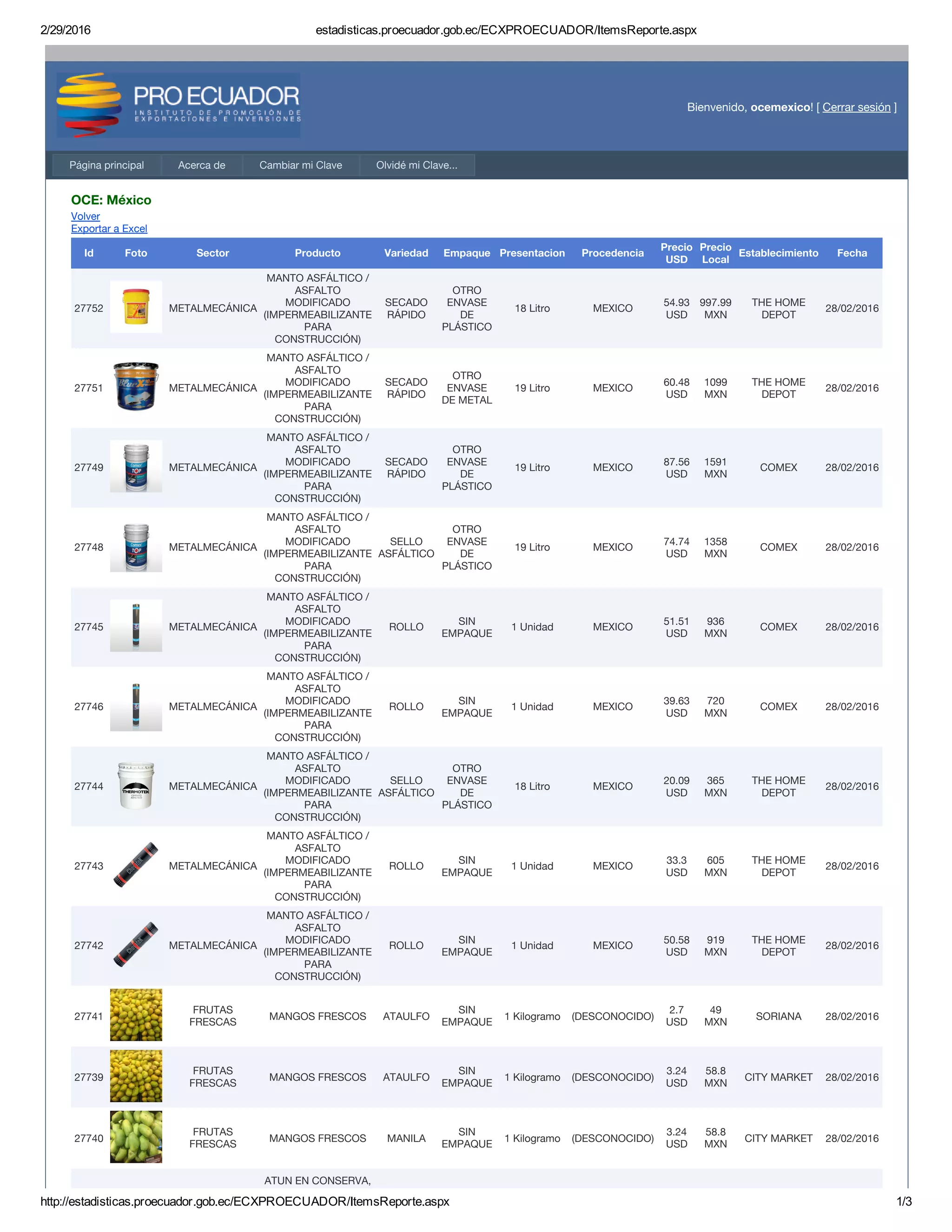 2/29/2016 estadisticas.proecuador.gob.ec/ECXPROECUADOR/ItemsReporte.aspx
http://estadisticas.proecuador.gob.ec/ECXPROECUADOR/ItemsReporte.aspx 1/3
OCE: México
Volver
Exportar a Excel
Id Foto Sector Producto Variedad Empaque Presentacion Procedencia
Precio
USD
Precio
Local
Establecimiento Fecha
27752 METALMECÁNICA
MANTO ASFÁLTICO /
ASFALTO
MODIFICADO
(IMPERMEABILIZANTE
PARA
CONSTRUCCIÓN)
SECADO
RÁPIDO
OTRO
ENVASE
DE
PLÁSTICO
18 Litro MEXICO
54.93
USD
997.99
MXN
THE HOME
DEPOT
28/02/2016
27751 METALMECÁNICA
MANTO ASFÁLTICO /
ASFALTO
MODIFICADO
(IMPERMEABILIZANTE
PARA
CONSTRUCCIÓN)
SECADO
RÁPIDO
OTRO
ENVASE
DE METAL
19 Litro MEXICO
60.48
USD
1099
MXN
THE HOME
DEPOT
28/02/2016
27749 METALMECÁNICA
MANTO ASFÁLTICO /
ASFALTO
MODIFICADO
(IMPERMEABILIZANTE
PARA
CONSTRUCCIÓN)
SECADO
RÁPIDO
OTRO
ENVASE
DE
PLÁSTICO
19 Litro MEXICO
87.56
USD
1591
MXN
COMEX 28/02/2016
27748 METALMECÁNICA
MANTO ASFÁLTICO /
ASFALTO
MODIFICADO
(IMPERMEABILIZANTE
PARA
CONSTRUCCIÓN)
SELLO
ASFÁLTICO
OTRO
ENVASE
DE
PLÁSTICO
19 Litro MEXICO
74.74
USD
1358
MXN
COMEX 28/02/2016
27745 METALMECÁNICA
MANTO ASFÁLTICO /
ASFALTO
MODIFICADO
(IMPERMEABILIZANTE
PARA
CONSTRUCCIÓN)
ROLLO
SIN
EMPAQUE
1 Unidad MEXICO
51.51
USD
936
MXN
COMEX 28/02/2016
27746 METALMECÁNICA
MANTO ASFÁLTICO /
ASFALTO
MODIFICADO
(IMPERMEABILIZANTE
PARA
CONSTRUCCIÓN)
ROLLO
SIN
EMPAQUE
1 Unidad MEXICO
39.63
USD
720
MXN
COMEX 28/02/2016
27744 METALMECÁNICA
MANTO ASFÁLTICO /
ASFALTO
MODIFICADO
(IMPERMEABILIZANTE
PARA
CONSTRUCCIÓN)
SELLO
ASFÁLTICO
OTRO
ENVASE
DE
PLÁSTICO
18 Litro MEXICO
20.09
USD
365
MXN
THE HOME
DEPOT
28/02/2016
27743 METALMECÁNICA
MANTO ASFÁLTICO /
ASFALTO
MODIFICADO
(IMPERMEABILIZANTE
PARA
CONSTRUCCIÓN)
ROLLO
SIN
EMPAQUE
1 Unidad MEXICO
33.3
USD
605
MXN
THE HOME
DEPOT
28/02/2016
27742 METALMECÁNICA
MANTO ASFÁLTICO /
ASFALTO
MODIFICADO
(IMPERMEABILIZANTE
PARA
CONSTRUCCIÓN)
ROLLO
SIN
EMPAQUE
1 Unidad MEXICO
50.58
USD
919
MXN
THE HOME
DEPOT
28/02/2016
27741
FRUTAS
FRESCAS
MANGOS FRESCOS ATAULFO
SIN
EMPAQUE
1 Kilogramo (DESCONOCIDO)
2.7
USD
49
MXN
SORIANA 28/02/2016
27739
FRUTAS
FRESCAS
MANGOS FRESCOS ATAULFO
SIN
EMPAQUE
1 Kilogramo (DESCONOCIDO)
3.24
USD
58.8
MXN
CITY MARKET 28/02/2016
27740
FRUTAS
FRESCAS
MANGOS FRESCOS MANILA
SIN
EMPAQUE
1 Kilogramo (DESCONOCIDO)
3.24
USD
58.8
MXN
CITY MARKET 28/02/2016
ATUN EN CONSERVA,
Bienvenido, ocemexico! [ Cerrar sesión ]
Página principal Acerca de Cambiar mi Clave Olvidé mi Clave...
 