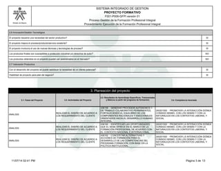 Modelo de Mejora
SISTEMA INTEGRADO DE GESTION
F001-P006-GFPI versión 01
PROYECTO FORMATIVO
Proceso Gestión de la Formación Profesional Integral
Procedimiento Ejecución de la Formación Profesional Integral
2.6 Innovación/Gestión Tecnológica
El proyecto resuelve una necesidad del sector productivo? SI
El proyecto mejora el proceso/producto/servicio existente? SI
El proyecto involucra el uso de nuevas técnicas y tecnologías de proceso? SI
Los productos finales son susceptibles a protección industrial y/o derechos de autor? NO
Los productos obtenidos en el proyecto pueden ser posicionados en el mercado? NO
2.7 Valoración Productiva
Con el desarrollo del proyecto se puede satisfacer la necesidad de un cliente potencial? SI
Viabilidad de proyecto para plan de negocio? SI
3.1. Fases del Proyecto
3. Planeación del proyecto
3.2. Actividades del Proyecto
3.3. Resultados de Aprendizaje Específicos, Transversales
y Básicos (a partir del programa de formación) 3.4. Competencia Asociada
ANALISIS
REALIZAR EL DISEÑO DE ACUERDO A
LOS REQUERIMIENTO DEL CLIENTE
436159 - GENERAR PROCESOS AUTÓNOMOS Y
DE TRABAJO COLABORATIVO PERMANENTES,
FORTALECIENDO EL EQUILIBRIO DE LOS
COMPONENTES RACIONALES Y EMOCIONALES
ORIENTADOS HACIA EL DESARROLLO HUMANO
INTEGRAL.
240201500 - PROMOVER LA INTERACCIÓN IDÓNEA
CONSIGO MISMO, CON LOS DEMÁS Y CON LA
NATURALEZA EN LOS CONTEXTOS LABORAL Y
SOCIAL
ANALISIS
REALIZAR EL DISEÑO DE ACUERDO A
LOS REQUERIMIENTO DEL CLIENTE
436160 - IDENTIFICAR LAS OPORTUNIDADES
QUE EL SENA OFRECE EN EL MARCO DE LA
FORMACIÓN PROFESIONAL DE ACUERDO CON
EL CONTEXTO NACIONAL E INTERNACIONAL.
240201500 - PROMOVER LA INTERACCIÓN IDÓNEA
CONSIGO MISMO, CON LOS DEMÁS Y CON LA
NATURALEZA EN LOS CONTEXTOS LABORAL Y
SOCIAL
ANALISIS
REALIZAR EL DISEÑO DE ACUERDO A
LOS REQUERIMIENTO DEL CLIENTE
436162 - CONCERTAR ALTERNATIVAS Y
ACCIONES DE FORMACIÓN PARA EL
DESARROLLO DE LAS COMPETENCIAS DEL
PROGRAMA FORMACIÓN, CON BASE EN LA
POLÍTICA INSTITUCIONAL.
240201500 - PROMOVER LA INTERACCIÓN IDÓNEA
CONSIGO MISMO, CON LOS DEMÁS Y CON LA
NATURALEZA EN LOS CONTEXTOS LABORAL Y
SOCIAL
Página 3 de 1311/07/14 02:41 PM
 