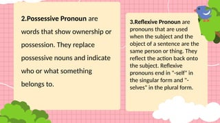 2.Possessive Pronoun are
words that show ownership or
possession. They replace
possessive nouns and indicate
who or what something
belongs to.
3.Reflexive Pronoun are
pronouns that are used
when the subject and the
object of a sentence are the
same person or thing. They
reflect the action back onto
the subject. Reflexive
pronouns end in "-self" in
the singular form and "-
selves" in the plural form.
 