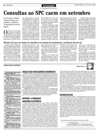 6   O REPÓRTER                                                                                                                             QUARTA-FEIRA, 21 de outubro de 2009
                                                                              ECONOMIA
                                                                         por Estefania Vieira Linhares



Consultas ao SPC caem em setembro
As consultas a crédito/             tas, comparando com setem-            agosto/2009, houve uma redu-         lizadas naquele período 43.407         O total de fichas canceladas
                                    bro/2008, que houve um aumen-         ção no número de consultas           consultas de crédito e cheques.     em setembro/2009, foi de 2.428
cheques tiveram uma                 to no número de consultas em          em cheques em -4,2%, naquele            Em setembro/2009 foram           fichas de devedores, o que repre-
queda em -5,48% em                  +4,82% sendo que o número de          período foram realizadas 16.359      registradas 2.864 fichas de de-     senta um aumento no número
                                    consultas daquele período foi         consultas a cheques.                 vedores, o que representa um        de clientes cancelados em cerca
comparação ao mês de                de 24.191 consultas ao crédito.         O total de consultas de crédi-     aumento das fichas registradas      de +11,17% em comparação ao
agosto                                As consultas a cheques no           to/cheques em setembro/2009          em +29,12% em comparação ao         mesmo período do ano passado
                                    mês de setembro/2009 foram            foi de 41.027 consultas, cerca       mesmo período do ano passado        setembro/2008, quando foram
                                    de 15.671, o que representa um        de +7,09% a mais que setem-          setembro/2008, quando foram         canceladas 2.184 fichas de deve-


O
       Serviço de Proteção          aumento no número de con-             bro/2008, quando foram realiza-      registradas 2.218 fichas de deve-   dores. Caso seja comparado ao
       ao Crédito de Ijuí (SPC)     sultas de cheques em +11 em           das 38.310 consultas de crédito/     dores. Já em comparação com o       mês de setembro/2009 veremos
       apresentou os números        comparação ao mesmo período           cheques. Já se comparamos            mês anterior agosto/2009, hou-      que houve também um aumento
de consultas de crédito realiza-    do ano passado setembro/2008,         com o mês anterior agosto/2009       ve um aumento no número de          no número de fichas canceladas
das pelas empresas associadas,      quando foram realizadas 14.119        veremos que houve uma que-           fichas registradas em +19,83%       em +5,1%, foram canceladas
no mês de setembro/2009. O          consultas de cheques. Já em           da nas consultas de créditos/        foram registradas naquele perí-     naquele período 2.310 fichas de
total foram de 25.356 consul-       comparação com o mês anterior         cheques em -5,48%, foram rea-        odo 2.390 fichas de devedores.      devedores.

Relator diz que vai tratar de royalties em projeto de exploração e produção do pré-sal
  A polêmica sobre a distribui-     sentado pelo Executivo. “Vou          que o petróleo está a mais de        relatório há de sair daqui com      valor que os consórcios que
ção dos royalties do petróleo da    tratar de mudanças, vou tratar        300 quilômetros da costa.            o consenso da comissão. Até         concorrem a uma licitação
camada pré-sal deverá constar       de royalties e algumas questões         O relator não quis adiantar        por uma questão política, para      para explorar um campo de
no relatório da comissão espe-      importantes que a comissão            quais serão as mudanças pro-         que seja aprovado no plenário       petróleo pagam, antecipada-
cial que analisa o projeto de lei   aqui retratou”, afirmou hoje.         postas. “Não adianto porque as       desta casa”, afirmou.               mente, à União.
sobre exploração e produção,          Os estados produtores – Rio         pressões serão muito grandes”,         Henrique Eduardo Alves              O presidente da comissão,
na Câmara dos Deputados.            de Janeiro, São Paulo e Espírito      explicou.                            disse ainda que vai retirar         Arlindo Chinaglia, porém, disse
  De acordo com o relator, Hen-     Santo – querem que sua parti-           Segundo ele, o relatório será      o trecho sobre participação         não acreditar que o texto seja
rique Eduardo Alves (PMDB-          cipação aumente. Já os parla-         uma interpretação do que foi         especial do projeto. “No siste-     votado ainda hoje. “Sempre há
RN), o documento que será           mentares das outras unidades          discutido ao longo das audiên-       ma de partilha a participação       alguém que pede vista. A vota-
apresentado hoje trará mu-          federativas brigam para que a         cias públicas e representará as      especial é a própria partilha.”     ção deve ficar para a semana
danças ao texto original apre-      distribuição seja igualitária, já     propostas da comissão. “Esse         A participação especial é o         que vem”, afirmou.


COMENTÁRIO ECONÔMICO
                                                                                                                                               Felippe Smoco (*)



    PRINCIPAIS INDICADO-            ANÁLISE DOScomercial reagiu devidoECONÔMICOS de
                                                     INDICADORES à decisão do governo                          serem registradas e emitidas pelas instituições financeiras. O sistema
                                                                                                               é opcional e quem preferir pode continuar recebendo suas contas via
 RES ECONÔMICOS                      CÂMBIO: O dólar                                                           correio. Os clientes poderão escolher como os boletos eletrônicos
    - Dólar comercial (venda):      taxar em 2% os recursos estrangeiros que ingressarem no país para a        serão pagos, o que também poderá ser por débito automático. Por
 R$ 1,7130.                         bolsa e as aplicações de renda fixa com a finalidade de conter o capital   enquanto, os tributos e serviços públicos concedidos (água, luz,
    - Dólar turismo: R$ 1,77.       especulativo, mas a moeda norte-americana já caiu 26,61% neste ano.        gás e telefone) não entrarão no sistema e ainda não há data para
                                      APLICAÇÕES FINANCEIRAS: Os rendimentos da renda fixa seguem              a inclusão desses serviços no DDA, pois será preciso criar outro
    - Dólar flutuante (parale-
                                    estabilizados, assim como os da poupança. Os negócios com ações            sistema. O comprovante do pagamento eletrônico será mediante a
 lo): R$ 1,83, com um ágio          na Bovespa estão aquecidos com o fluxo de recursos de investidores         apresentação do extrato bancário, onde estará registrada a quitação
 de 6,83% frente ao comercial.      estrangeiros, mas analistas avaliam que os preços dos papéis podem         da conta. As contas vencidas poderão ser pagas da mesma forma,
    - E u r o : R$ 2,6470.          estar no limite e os investidores domésticos tentam, ainda, realizar       só que aí o cliente deve se dirigir ao banco emissor do documento
    - O u r o : R$ 58,80 o gra-     lucros, mas é preciso ter cuidado não só com o desempenho das ações,       para realizar o pagamento.
 ma na BM&F Bovespa de              mas, principalmente, com os fundamentos financeiros das companhias           Sou de opinião que essa nova forma de pagamento de contas, que
 São Paulo - e - US$ 1.058,10 a     para não pagar pelas ações mais do que elas valem.                         é opcional, irá simplificar os serviços e economizar grande quanti-
 onça-troy na Bolsa Mercantil         COMMODITIES: As cotações do ouro estão em alta. O complexo soja          dade de papel. A estimativa da Febraban - Federação Brasileira dos
 de Nova York.                      em Chicago apresenta o mercado com perspectiva de boa evolução             Bancos, é que 50% dos boletos sejam quitados via DDA até 2012 e
    - Juros dos CDB (Certifica-     da colheita dos Estados Unidos, e de pressão pelo fraco desempenho         será evitado o corte de 370 mil árvores por ano.
 dos de Depósitos Bancários)        de outros mercados, além de compras por parte de especuladores.
 para 30 dias: 8,23% ao ano - e       INFLAÇÃO: Os primeiros indicativos da inflação de outubro revelam
 - 0,66% ao mês.
    - Caderneta de poupança:
                                    que não haverá grande diferença em relação a setembro.
                                                                                                               RETROSPECTIVA A legítima mobilização pelos investi-
                                                                                                                DE 10 ANOS ATRÁS (1999):
 0,5349% ao mês.
    - TBF (Taxa Básica Finan-       OPINIÃO: A COBRANÇA                                                        mentos nos Estados do Sul levou o CODESUL - Conselho de Desen-
                                                                                                               volvimento e Integração do Sul, integrado por Rio Grande do Sul,
 ceira): 0,6352% ao mês.                                                                                       Santa Catarina, Paraná e Mato Grosso do Sul, a reivindicar junto ao
    - Taxa SELIC: 8,75% ao ano.     BANCÁRIA ELETRÔNICA                                                        PPA - Plano Plurianual da União, dotações mais expressivas de verbas
                                                                                                               para a Região através de 10 emendas de interesse comum nas áreas de
    - Inflação pelo IPCA: 0,24%       A partir desta semana entrou em vigor o DDA - Débito Direto
 em setembro, corresponden-         Autorizado, sistema que permite aos clientes de bancos consultar           transportes, meio-ambiente, agricultura, turismo e assistência social.
 do a 4,34% nos últimos 12          e pagar eletronicamente suas contas, eliminando os boletos de                DE 20 ANOS ATRÁS (1989): A Comissão de Agricultura da Câmara
                                    papel. O sistema não é obrigatório, mas é um grande avanço na              dos Deputados, em conjunto com representantes de entidades civis,
 meses.                                                                                                        havia elaborado a nova Lei Agrícola, que visava evitar conflitos no
                                    simplificação da cobrança de contas que dependia da emissão de
    - Petróleo: US$ 79,61 o                                                                                    campo e estimular e proteger a produção agropecuária brasileira.
                                    um comprovante de pagamento enviado pelo correio e que servia
 barril em Nova York - e - US$      para a quitação no caixa dos bancos e nas lotéricas ou poderia             O CTG Clube Farroupilha, por seu patrão Osvino Nonnenmacher e
 77,77 o barril em Londres.         ser autorizado para débito em conta bancária. Há uma diferença             associados, fundado em 19 de outubro de 1943, realizou grandes
    - Complexo soja: Com pre-       importante entre o DDA - Débito Direto Automático, e o débito em           festividades por ocasião de mais um aniversário de sua fundação,
 ços mais elevados.                 conta corrente, pois o DDA apenas apresenta os boletos que irão            inclusive a inauguração do museu com a galeria de ex-patrões.
    - Salário mínimo nacional:      vencer, com suas datas e características, mas, para quitá-los, o           (Extraído dos anais do comentário econômico 1822 e 1823 na Rádio
 R$ 465,00.                         correntista tem de autorizar um a um os títulos que estiverem ven-         Repórter de Ijuí).
    - Salário mínimo regional:      cendo, enquanto o débito em conta é uma autorização automática,
 de R$ 511,29 a R$ 566,06,          previamente acertada. O DDA elimina a emissão dos boletos de
 conforme o segmento eco-           papel e o envio pelo correio, sendo que cada banco definirá como o           Mais economia na Rádio Repórter, sexta-feira, às 9h20.
 nômico.                            cliente terá acesso à cobrança eletrônica: internet, caixa eletrônico        ____________________________________________________________
    - Risco-país: 219 pontos.       e telefone, mediante um cadastramento feito no banco, que é feito                          (*) Felippe Smoco.
    - Ações na BM&F Bovespa         com o simples preenchimento de um formulário com informações                           Jornalista, administrador e contador, aposentado.
                                    predefinidas pelo banco onde tem conta. A empresa cobradora                            Fone: (55) 3331.2570. E-mail: fsmoco7@terra.com.br
 (Bolsa de Valores de São
                                    também se cadastra no banco do qual é cliente para suas cobranças            ____________________________________________________________
 Paulo): Com bons negócios.
 