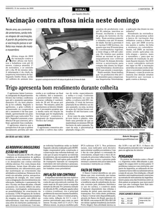 SÁBADO, 31 de outubro de 2009
                                                                                                  RURAL                                                                                      O REPÓRTER               7
                                                                                              por Sandro Silvello


Vacinação contra aftosa inicia neste domingo
Neste ano, ao contrário                                                                                                      nizados de produtores com                      a aplicação das doses no seu
                                                                                                                             até 50 cabeças, inscritos no                   rebanho”.
de anteriores, serão três                                                                                                    Pronaf, receberão a vacina                       Atendendo às reivindica-
as etapas de vacinação.                                                                                                      de graça do Governo do Es-                     ções dos pecuaristas sobre
                                                                                                                             tado. Stum acentua somente                     a época de vacinação dos
A partir do próximo ano                                                                                                      o rebanho com até 24 meses                     rebanhos contra a febre af-
a vacinação passa a ser                                                                                                      de idade. Em Ijuí a previsão é                 tosa, que até 2008 ocorria
                                                                                                                             de vacinar 9.300 bovinos, en-                  em janeiro e junho, foi feita
feita nos meses de maio                                                                                                      quanto que nos 29 municípios                   a mudança no calendário.
e novembro                                                                                                                   da coordenadoria regional,                     Assim, em 2009, as vacinas
                                                                                                                             o total chega a 128 mil cabe-                  estão sendo aplicadas em
                                                                                                                             ças. Ele lembra que podem                      três etapas – janeiro, maio


A
      última etapa de 2009                                                                                                   retirar as vacinas os que se                   e novembro –, para que no
      da vacinação contra a                                                                                                  enquadrarem nos critérios                      período de transição os ani-
      febre aftosa em bovi-                                                                                                  do Pronaf. Os demais deverão                   mais fiquem imunes. Em 2010
nos e bubalinos com até 24                                                                                                   retirar a autorização para                     o novo calendário entrará
meses, começa amanhã, 1º                                                                                                     compra das doses na Inspe-                     em vigor no RS: a vacinação
de novembro, e se estende                                                                                                    toria Veterinária e Zootécnica                 será feita em maio (todo reba-
até o dia 30 do mesmo mês.                                                                                                   (IVZ) que atende o município.                  nho) e novembro (animais até
A informação é do chefe da                                                                                                     Neste sentido, Stum lembra                   24 meses) – como já ocorre na
inspetoria veterinária de Ijuí.                                                                                              que “os produtores têm até 7                   maioria dos demais estados
Segundo Emílio Stum, serão                                                                                                   de dezembro para comprovar,                    brasileiros que vacinam o
3,5 milhões de animais imu-        Ijuí prevê a vacinação de mais de 9 mil cabeças de gado de até 24 meses de idade          nas Inspetorias Veterinárias,                  gado contra a doença.



Trigo apresenta bom rendimento durante colheita
   O agrônomo Jaime Lorenzo-       venha a se confirmar ao final                   ras de verão, especialmente
ni, integrante do departamento     da colheita. Até o momento,                     o milho e a soja. Conforme
técnico da Cotrijui, confirmou     a produtividade média das                       Jaime Lorenzoni, no caso do
que até o momento aproxima-        lavouras colhidas é variável,                   milho, a cultura está 90% im-
damente 6% da área planta-         indo de 30 até 50 sacas por                     plantada. O total da lavoura
da já foi colhida. Segundo o       hectare. “No entanto, antes de                  plantada ficou idêntico ao do
agrônomo, o grão colhido e         apontarmos os fatores climáti-                  ano passado, ou seja, na área
armazenado na cooperativa          cos, é necessário projetar que                  de ação da Cotrijui foram cul-
até o momento é de boa qua-        a media varia em função da                      tivados 43 mil hectares com
lidade, apresentando um peso       tecnologia que foi implantada                   a cultura.
específico que varia entre 76 e    nas lavouras”, comentou o                         Já no caso da soja, também
80 %. Segundo Lorenzoni, a ten-    integrante do departamento                      já teve início o plantio, exis-
dência é de que a lavoura, até o   Técnico da Cotrijui.                            tindo uma previsão de que se
final, apresente boa condição.                                                     mantenham os mesmos 450 mil
   O agrônomo observa que a          Lavouras de Verão                             hectares da safra passada. No
perspectiva é de que a quebra       O agrônomo comentou ain-                       caso da soja, o percentual já
inicialmente prevista até não      da sobre o cultivo das cultu-                   plantado chega a 5%.                      Trigo, até o momento, apresenta bom rendimento, segundo agrônomo Lorenzoni


DO ÓCIO AO NEGAÓCIO                                                                                                                                               Roberto Macagnan
                                                                                                                                                        robertomacagnan@hotmail.com


                                               as rodovias brasileiras estão no limite!                     IPCA subiram 4,34 %. Nos próximos                  dia 14.09 e vai até 30.11. O Banco do
AS RODOVIAS BRASILEIRAS                        Segundo cálculos realizados pelo DENIT,                      meses, esse indicador será decisivo                Brasil poderia estender este “programa”
                                               órgão responsável pela construção e                          para orientar a política econômica. Com            para as agências do interior.
ESTÃO NO LIMITE                                conservação das rodovias federais, cal-                      o fim da crise global e a retomada do
  Durante as décadas de 80 e 90, o Brasil      cula que só para recuperar as rodovias                       crescimento, sempre tem o risco de re-
canalizou os instrumentos de política          já existentes, são necessários mais de R$                    tomada do processo inflacionário. Para             PENSANDO
econômica para enfrentar a inflação            30 bilhões. O Brasil optou pelo modelo                       evitar que isso ocorra, o governo pode               Os postos de fronteira entre o Brasil
e os desajustes nas contas externas            de transporte baseado no transporte                          retomar o aumento dos juros básicos da             e a Argentina estão dificultando a pas-
(dívida externa). Por conta desses dois        rodoviário (de mercadorias e pessoas),                       economia e restrições ao crédito.                  sagem de cargas entre os dois países. O
problemas, foram duas décadas sem              portanto, esses investimentos precisam                                                                          problema começou com restrições, por
investimentos em infra-estrutura para          ser tratados como prioritários.                                                                                 parte da Argentina, se utilizando de me-
dar sustentação ao crescimento das                                                                          FALTA DE TROCO                                     canismos burocráticos/administrativos
atividades econômicas. Deixou-se de in-                                                                       O Banco Central identificou um pro-              a mais de um ano. Em retaliação, o Brasil
vestir em estradas, portos, aeroportos,        INFLAÇÃO SOB CONTROLE                                        blema que vem ocorrendo nas transa-                também está implementando restrições
produção de energia, etc. sem contar             A imprensa nacional não tem repercu-                       ções econômicas, especialmente no                  na entrada de mercadorias da Argentina.
com a estagnação dos investimentos em          tido o comportamento da inflação, por                        comércio: a falta de troco! Mesmo que              Quem passa uma das fronteiras entre os
educação, habitação e saneamento bá-           conta de que esta está sob controle. Du-                     a tendência seja de substituição da mo-            dois países se pergunta: que mercosul é
sico. Ou seja, em duas décadas, o Brasil       rante mais de 20 anos (entre a segunda                       eda corrente pelo dinheiro eletrônico              esse que não consegue fazer fluir mer-
acumulou em enorme déficit em infra-           metade da década 70 e primeira metade                        (o uso do cartão), o comércio ainda                cadorias, pessoas e dinheiro.
estrutura, restringindo sobremaneira           da década de 90), a inflação aguda (alta)                    é bastante dependente das cédulas e
as possibilidades de crescimento da            e crônica (contínua), era o principal                        moedas de metal, para executar suas
economia. O PAC-Programa de Acelera-           problema da macroeconomia brasileira.                        transações. Por conta deste problema,              INDICADORES RURAIS
ção do Crescimento representa tentativa        Para este ano, o Banco Central projeta,                      o Banco Central está disponibilizando,
de resgatar, em parte, este déficit em         como meta, inflação de 4,5 %, com 2                          através do Banco do Brasil, pacotes de                 Soja ......... R$ 41,00    Valores cotados pela
infra-estrutura, mas vem enfrentando           pontos percentuais para mais ou para                         R$ 100,00, com notas de R$ 2,00 e R$ 5,00              Trigo ....... R$ 22,00     Cotrijui no dia 23 de
uma série de restrições (ambientais, le-       menos. Ou seja, entre 2,5 % a 6,5 %. Nos                     em várias capitais brasileiras (incluindo              Milho ...... R$ 16,00      outubro
gais, técnicas e econômicas). Com isso,        últimos meses, os preços medidos pelo                        Porto Alegre). Esta atividade iniciou no
 
