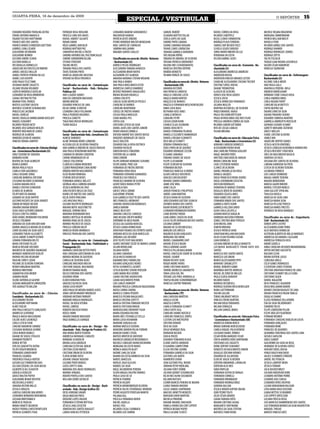 QUARTA-FEIRA, 16 de dezembro de 2009
                                                                                                          ESPECIAL / VESTIBULAR                                                                                                                      O REPÓRTER              15

EVANDRO ROGÉRIO FRÜHLING DUTRA                  PATRIQUE ROSA HEDLUND                        LEONARDO MABONI SANSONOVICZ                     SAMUEL RUBERT                                   RAFAEL CORREA DA ROSA                         MICHELE REGINA ROGOWSKI
EVANEI ANTONIO MARASCA                          PRISCILA LIMA DOS ANJOS                      MACHHOUR HAMOUI                                 SELMARA MATTER FOLLAK                           RICARDO CANEPPELE                             MORGANA ZIMMERMANN
FAGNER TIECHER HARTTMANN                        RAFAEL ANDREY SALANTE                        PATRÍCIA DEVES RIBEIRO                          SHEILA LOPES DA SILVA                           RICIELI LEMOS FORMENTINI                      PATRICK WILLIAM WOLFF
FRANCIS NEIS DOS SANTOS                         RENAN SIMON                                  PEDRO HENRIQUE WALTER MENEGHINI                 SIMONE PINTO CAMARA                             RODRIGO PLACK FERREIRA                        RAFAELA PISKE
FRANCIS VANDO SCHROEDER GOETTEMS                RÉGIS GABRIEL MAEHLER                        RAUL SANTOS DE CARVALHO                         SUIANE CAMARGO NOGARA                           SAMUEL RAY BECKER FOLTZ                       RICARDO GRINGS DOS SANTOS
GABRIELI JUNG CELMER                            RODRIGO MATTNER PAZ                          SABRINA MALLMANN                                TAIANE LEMOS LORENCENA                          SCHEILA SEGER CARDOSO                         RODRIGO DAHMER
GUILHERME DECKMANN                              SAMANTHA MICHELLI FRIZZO                     WAGNER SANTOS CHOLLET                           TAINARA GABRIELA DENARDIN                       SONIA MARIA RIBEIRO DA LUZ                    RODRIGO RODRIGUES SOARES
GUILHERME RENNER                                SANDRO ANTONIO DAL PIAZ RONCAGLIO                                                            TAÍS REGINA RÖPKE                               VERIDIANA DA COSTA                            RODRIGO ZOTTIS
GUSTAVO ANDRE SCHEIN                            SIMONE SONNEBORN DELAM                       Classificados no curso de : Direito - Noturno   TAMARA DO AMARAL DE OLIVEIRA                    VILSON GABRIEL ALVES                          TALITA TISCHLER
GUSTAVO BARELLA                                 STEVAN STRÜCKER                              - Bacharelado (IJ)                              TATIANA PATRÍCIA EBERHARDT                                                                    THIAGO LUAN MOURA LIESENFELD
IVO DOUGLAS DORNELLES                           TAILINE MEVES                                ADRIELE PICCOLI RODRIGUES                       VALERIA INES SCHEIDEMANTEL                      Classificados no curso de : Economia - Ba-    VALDIR CESAR HABOWSKI
JAQUELINE HELFENSTELLER RIBEIRO                 TAINARA PAOLA DOS SANTOS                     ALECSANDRA TAMARA HANUSCH                       VANESSA CRISTINA DEPIERE                        charelado (IJ)                                VANESSA SQUINZANI
JARDEL GRESELE MELLER                           THAÍS TEIXEIRA PINTO                         ALESSANDRA BRAIR RATHIS                         VANÍDIA BONATTO                                 ALESSANDRA ANDRESSA ANDRESKI
JARDEL PATRYCK PEREIRA DA LUZ                   VANESSA JAQUELINE ANSCHAU                    ALEXANDRE OST ALMEIDA                           YASMIN FIOREZE DE SOUZA                         ANDERSON ROCHA                                Classificados no curso de : Enfermagem -
JOABEL LUIS KASPER                              VIVIANE DA ROSA FRIEDRICH                    AMANDA NAIRANA STEFANI WOJAHN                                                                   ANDERSON VINICIOS BRANCO LUTZER               Bacharelado (IJ)
JOÃO PAULO TELÓ TIMM                                                                         ANA PAULA RAMOS                                 Classificados no curso de : Direito - Noturno   CHARLINE ALEXSANDRA STAZIAKI TIECHER          ALCIONE CARLA MEIER
JOSEMAR ANDRÉ ZAGUETTI                          Classificados no curso de : Comunicação      ANA PAULA WAZLAWICK OSTER                       - Bacharelado (SR)                              CRISTINE FURSEL ROCHA                         ANA PAULA GALLI
JULIANE REGINA VOLKMER                          Social - Bacharelado - Hab.: Relações        ANDRESSA CANFILD DAMBROZ                        AMANDA KUTZNER                                  DAIANE TRENNEPOHL                             ANAPAULA PEREIRA AVILA
LAÉRCIO VANDERLEI GRZELAK                       Públicas (IJ)                                BEATRIZ PARANHOS MAGALHÃES                      ANA PATRICIA CARDOSO                            GLAUCIA DE OLIVEIRA                           ANDREIA KNEBELKAMP
LEONARDO DA ROSA BINKOWSKI                      ANA CLAUDIA SOARES                           BRUNA ROSADO RADAELLI                           ANGELA CAROLINE LASTA                           HERICO JOSE ROSA GODOIS                       BÁRBARA TUNIE CHAGAS ROSA
LUANA CRISTINA PETTER                           ANELISE LORENZON MACHADO                     CARINA CHICATTE                                 ANGELA MARIA WINTER                             JESSICA ZACHI                                 CARLA ANDRÉIA RIBAS
MARINA PUHL FRONZA                              BRUNA MIRESKI                                CARLISE ALINE BERTOLDI POSSELT                  ANGELICA DE MORAES                              JÉSSICA APARECIDA FERNANDES                   CARLA REGINA TRAPP
MATEUS GUSTAVO SAUSEN                           EDUARDO VINICIUS DE LIMA                     CAROLINE DE BARROS                              ANGÉLICA FERNANDA WESCHENFERLDER                JULIANA MULLER                                CAROLINE KELM BATTISTI
MATHEUS SCHÄFER SCHUMACHER                      KELIN CARINE SCHÄFFER                        CAROLINE MANTOVANI                              ANNA LUISA BUGS                                 MARTINA DESSBESELL DE OLIVEIRA                CINTIA BEATRIZ GOI
PABLO ELIAS JACOBUK                             LISANDRA CARLA FOLLMANN                      CATIELE DE FREITAS RAMOS                        BETHANIA HOSS AMES                              PABLO EMANUEL HAACK                           DAIANE LOWE DA SILVA
RAFAEL AURÉLIO                                  PAOLA PEDROZO VOLKWEIS                       CÁSSIA PAOLA BARCELOS                           CAMILLE WÜNSCH                                  PAULA TAIS KORB BÖTTCHER                      DAIANE PINHEIRO SEVERO
RAFAEL DOUGLAS WINKELMANN RATZLAFF              PRISCILA ZANETTE                             CIANE MAIKELI PES                               CAROLINE PETRY                                  PAULO AFONSO RIBAS DOS REIS FILHO             EDUARDO SOBROSA MARTINS
RAQUEL ECKHARDT                                 TIAGO MAX ROCHA RODRIGUES                    CINTIA LEAL                                     CÁSSIO LEDUR KUHN                               PRISCILA ANDRÉIA CORRÊA DA SILVA              GABRIELA ANDREATTA ROESSLER
RICARDO FREDDO NETO                             TUANE NICOLA                                 CRISTIANE LETICIA DA SILVA                      CHARLES ELIAS ASSMANN                           RICARDO JUNIOR GOTTARDO                       GIOVANA SCHIAVO SCHIMIT
RICARDO JOSE GORGEN HEISLER                                                                  DANIEL ALVES DOS SANTOS JUNIOR                  DANIELI BOSCHETTI                               RITA DE CÁSSIA CAMILIO                        GORETTI MOISIANE JEZEWSKI
ROBERTO MOLINARI DE LEMOS                       Classificados no curso de : Comunicação      DENER ARAUJO CORNELLI                           DANIELI FERNANDA PILARSKI                       VILIAM BREUNIG                                GREICY MÜLLER
RODRIGO DE ALMEIDA                              Social - Bacharelado Hab.: Jornalismo (IJ)   DIEISON AIMORÉ DOS SANTOS BASSO                 DANIELLE ELIZABETE RAMBORGER                                                                  ISABEL CRISTINE OLIVEIRA
VANDERCLEISON DE AMARAL                         AGNESE DARONCO                               DIOGENES RODRIGUES DE SOUZA                     DANIELLI REGINA SCARANTTI                       Classificados no curso de : Educação Física   JAMILE MAI
VINICIOS RENAN LAMPERT                          ALINE TAYMARA BONES LONDERO                  DULCE ENGSTER                                   DEISI MELLO SCHMITT                             - Hab.: Bacharelado e Licenciatura (IJ)       JAQUELINE HERTER SOARES
                                                ALISSON LUIS DE OLIVEIRA FRANZEN             EDUARDO DALLA ROSA DIETRICH                     DÉBORA FERNANDA BALZ                            ADRIANO CARDOSO DORNELES                      JESSICA ACOSTA VONTOBEL
Classificados no curso de : Ciências Biológi-   ANA GABRIELA RIBEIRO DE SOUZA PADILHA        EDUARDO HECKLER                                 EDIELI PARYLAK DE QUEIROZ                       ALEXSANDRO VIEIRA VIGNE                       JESSICA LEONILDA HICKENBICK HOMERCHER
cas - Licenciatura/Bacharelado (IJ)             ANA PAULA HEINZMANN MARTINS                  EMERSON NASS FORGERINI                          EDUARDO HENRIQUE CECCON                         ANA CAROLINE PEREIRA GOULART                  JÉSSICA REICHERT STROCHEIN
ATAIZ COLVERO DE SIQUEIRA                       CANDIDA DE MOURA CERENTINI                   EVERTON DELLA LIBERA                            ELISAMA CAMARGO                                 ANGEL MAURER PERES                            JOICE DO NASCIMENTO BASILIO
BÁRBARA KUHN                                    CARINE KROMINGER DA SÁ                       FABIO ZANONI                                    FABIANO SOARES DE SOUZA                         ARISTIDES MACHADO DE ARAUJO                   JONATAN LEO HECK
BEATRIZ DA SILVA ALBRECHT                       CARLOS STACZEWSKI                            FELIPE ADRIANO HERMANS SCHUNKE                  FELIPE CLASSMANN                                BRUNA CAROLINE SIEDE                          JOSSANA DOS SANTOS DE OLIVEIRA
BIANCA QUINOT                                   CLARISSA FLAIBAN MEDEIROS                    FELIPE DANIEL PIRES GOI                         FELIPE SCHEUER DE OLIVEIRA                      CAUE CZYZEWSKI NARDES                         LARIANE HAMERSKI DA PIEVE
BRUNA PAOLA FOLCK                               CLEBER PARADZINSKI CAVALHEIRO                FERNANDA DE FREITAS BERTÃO                      FERNANDA BECKER                                 CLARICE DE OLIVEIRA                           LETICIA DE OLIVEIRA TEIXEIRA
CAMILA FIOR GIACOMOLLI                          DÉBORA WINTER NASCIMENTO                     FERNANDA VIERA ROSA                             FRANCIELE VANESSA SCHERER                       DANIEL PAVANELLO DA ROSA                      LUCIMARA FORNECK
CARLA JOSEANE SORGE                             ELCIO BILIBIO BONFADA                        FERNANDO ISERHARD GUIMARÃES                     GLADIS GRESELE KOSCREVIC                        DANIELA JACQUES                               LUIS CARLOS DEMBOSKI
CAROLINE BARBOSA CRESTANI                       ETHIENE KEPLER NEVES                         FRANCIELE DA FONSECA                            GRACIELE HOCHSCHEIDT                            DIEGO FRANCISCO VIEIRA SOARES                 MAGALI ANDRE TEIXEIRA
CASSIANO RICARDO SCHAVINSKI                     FERNANDA ADRIELE MELLITZ                     FRANCIELE MABONI DE OLIVEIRA                    INDIARA ZANON CEMBRANEL                         DIEGO LEDERMANN COSSETIN                      MAIARA BORDIGNON
CLAUDIA MAIARA HECK                             GEORGIA ARLA CABRERA KHADER                  GEDER TADEU NUNEA PETRY                         JAIME JOSÉ KRUL                                 DIEISSON RODRIGUES                            MARCIA GAUER RIBEIRO
DANIELI CRISTINI SCHNEIDER                      JESSICA MOREIRA DA CRUZ                      GRACIELA DIAS                                   JAINE CALZA                                     DIONATAN DE MORAES TEIXEIRA                   MONIELI STECKER NOBLES
ELINÉIA DE ALMEIDA                              JOÃO VICENTE MELLO DA CRUZ                   GREICE SPACIL GRINKE                            JANSER FRANCIEL PHILIPPSEN                      DOUGLAS BEIER DE QUADROS                      SARA GALLERT SPERLING
FELIPE BATISTA AMARAL                           KARIELI DE MATTOS DOS SANTOS                 GUILHERME SPERONI                               JARDEL LUAN MARTINS                             EDUARDO COLUSSI AMES                          THALISSA NICOLLI
GENAINE DA SILVA DAPPER                         KELIN JUVER PONCIANO                         ILDA GABRIELA FOLETTO DOS SANTOS                JÉSSICA DIANA DE OLIVEIRA                       FABIO GOMES DOS SANTOS                        VANESSA DA SILVA LIMA
GUSTAVO VICENTE DA SILVA URIARTE                LAÍS ANSCHAU PAULI                           INES FRANCIELI ARENHART                         JOÃO EDUARDO GOETENS SILVACHI                   FERNANDO BINIEK DOS SANTOS                    VANESSA MARIA SILVA
ISMARLEN ROQUE BECKER                           LUCIANE VOLPATTO RODRIGUES                   ISADORA JOHANSSON RODRIGUES                     JOSINÉIA RAMOS DOS SANTOS                       GABRIELA ANTES KUHN                           VANESSA PELLENZ PORSCH
JANAÍNA DAIANA BENDER                           MAIARA BOFFE AGOSTINETTO                     JAMILA BARONI                                   KAIAN VIERHELLER BENEDETTI                      GABRIELA HELLENA DAVID                        VANESSA RAMOS PRESTES
JEAN CARLO GUTERRES BONIATI                     MAIQUEL EDWINO BOCK                          JAMILE BECK EIDT                                LEONARDO KRONBAUER ROVARIS                      GEAN CARLA LOCATELLI                          VERONIUS DA ROSA MARQUES
JÉSSICA CERETTA CORRÊA                          MARIANA WOERMANN RICK                        JANAINA CARLISSE CARDOSO                        LIANE BEATRIZ FREDDI                            GIOVANI MATEUS BAGOLIN
JOÃO DANIEL WERMANN FOSCHIERA                   MARIELI BOTTEGA DE MOURA                     JANE HELENA CRESPO MUÑOZ                        LUAN JARDEL SOUZA DA SILVA                      HENRIQUE MASSONI FERREIRA                     Classificados no curso de : Engenharia
JOCIELLI TOLOMINI                               MARINA KINALSKI DE SOUZA                     JERÔNIMO DE MELO RADIN                          LUCAS FELIPE BURGHAUSEN DOS SANTOS              IZABEL CRISTINA BRAZ PERSICH                  Civil - Bacharelado (IJ)
JORDANA DA SILVA VAN DER HAM                    MARINA PACHECO DE SOUZA                      JÉSSICA DA SILVEIRA WENTZEL                     LUCIANA GIBBERT                                 JEAN MICHEL AIMI                              ADNER LOPES CASTRO
KARINE ANGÉLICA MOURA DE OLIVEIRA               PRISCILA GÖRGEN HELDT                        JÉSSICA LUANA HENRICHSEN                        MAIARA DE SÁ DESSBESESELL                       JENIFER BREUNIG                               ALESSANDRA KUHN TERRA
LENIR SOLANGE DA SILVA GOETZ                    VANESSA VIEIRA MOMBACH                       JONATHAN THOMAS DO ESPIRITO SANTO               MARLON LUIS DRESCH                              JESSICA PATRICIA UHDE                         ALEX MATHEUS KOWALSKI
LEONARDO THEIHS ALLEGRETTI                      VINICIUS FRUHLING DOS SANTOS                 JORDANA BESSI DA SILVA BARCELLOS                MAURICIO KLEIN GONÇALVES                        JONATHAM WILLIAM MACHADO                      ALTERSON ALBERTO DE MELLO MARQUES
LUCAS ANDRÉ SCHNEPFLEITNER                                                                   JORDANA LAIS DESORDI                            MORGANA TAIS BRUN                               JULIO CESAR YOSHINO SUZUKI                    ANDRESSA DO AMARAL CALEGARO
LUNARA FERNANDA BELITZ                          Classificados no curso de : Comunicação      JOSÉ FELIPE FICHT MALHEIROS                     MURIEL CANABARRO ZART                           LUAN DORNELES                                 ANDRESSA FERRAZZA HECK
MARA CRISTIANE FELLER                           Social - Bacharelado Hab.: Publicidade e     JUAREZ ANTONIO TIZZOT DE MORAIS JUNIOR          NADINE JÉSSICA RIGON                            LUCIANA RIBEIRO DE MELLO BONATTO              ANDRÉ GIOVELLI
MARCIA ROSANE HEUSNER                           Propaganda (IJ)                              JULIAN WENDLAND                                 PAULA ADRIANE GAUER                             LUCIMARA MARGARETE FRANK RATH DOS             ANNA CAROLINA HEUSNER BRANDENBURG
MAURICIO DE QUADROS BAUNGRAT                    AMANDA CAROLINA RITTER PINTO                 JULIANA VIDOTO                                  PRISCILA PILLAR MALLMANN                        SANTOS                                        ARTUR ANTUNES BASSOTTO
MONIQUE HOMERCHER SEIDLER                       ANA CAROLINA GRÜTZMANN DA SILVA              JULIANO CAMARGO                                 RAFAEL CONCEIÇÃO SODRÉ DE OLIVEIRA              MARCELO DOS SANTOS MATOS                      BOLIVAR CEZAR
NAYARA HELENA NEUKAMP                           BRENDA MEDINA DE QUEVEDO                     JÚLIA MUSSI RAMALHO                             RAQUEL JUSMIN                                   MARCELO LUIS BRUM                             BRUNO DEPIERE LOSSO
PAULINE CHRIST LEDUR                            CARHLA DE OLIVEIRA ALVES                     KAOANNE WOLF KRAWCZAK                           RENAN VICENTE SILVA                             MARCO ALEXSSANDER PIPPI                       CAROLINA GROLLI
POLIANE DE OLIVEIRA FERREIRA                    CAROLINE MACHADO MUCHA                       KASIANO GONÇALVES NUNES                         ROGER ANDRE FARIAS                              MARIANE CARGNELUTTI                           CÉLIO GOMES RODRIGUES
RENATA WAGINIAK MARTINS                         CRISTIANE RAQUEL MULHBAIER                   KÁTIA SCHWANTES LACORTE                         SIDNEI CRISTIANO MANTEI                         MARIEL ROBERTO GOBBI                          CLEVERSON LEMOS TEIXEIRA
RODRIGO NIKITENKO                               DIENIFER TAMARA NEDEL                        LETICIA BEATRIZ SEVERO PERSSON                  TAIRINE ANDRESSA SMANIOTTO                      MARÍNDIA MATTOS MORISSO                       CRISTIAN JONATHAN FRANCO DE LIMA
SAMANTHA IEDA WEBER                             DILCEU FONTANA DOS SANTOS                    LIANE MARIA REIS OZORIO                         TANIA LAÍSA DAL PAI                             MICHEL DE ZORZI DE MELLOS                     CRISTIANO SCHMIDT DELLA FLORA
SAMARA RIGON                                    EDUARDO HÖHN                                 LUANA CRISTINE HAUENSTEIN                       TATIANE LAIS PIRES ANDREOLLA                    PAULA ELOISA HUNHOFF                          CRISTIANO SEGER
SILENE ANTONELLO GASPAR                         ELDER DJONATAN PUHL                          LUANA NASCIMENTO PERIN                          THAYSA REJANE SCHNORNBERGER                     RICARDO RADER                                 DANIEL RAGAZONI
SUZANA MARGARETH LORENZZON                      GRACIELE KLEIN DA SILVA                      LUIS CARLOS HUNHOFF                             VANESSA CANTINI TRINDADE                        RODRIGO DESSBESELL                            DEISI FRANCIELI SALVADOR
TAÍS AGNOLETTO BALZAN                           JOANA LUISA KRUPP                            MAIARA PRISCILA CARVALHO MAZZURANA                                                              RODRIGO SILVEIRA WESCHENFELDER                DIEGO WOLLMANN BARON
                                                JOÃO PAULO DE MOURA NARDES ALVES             MAÍSA CARINA ZARDIN                             Classificados no curso de : Direito - Noturno   RUBIA GATTERMANN                              DIEIMES EDISON RAUGUST DE LIMA
Classificados no curso de : Ciências            JONAS ARTUR BRANDT BRENDLER                  MARCELE CUNHA PEIXOTO                           - Bacharelado (TP)                              TAILINE GALLON                                DIRJAN FRANCISCO RIGON TABILLE
Contábeis - Bacharelado (IJ)                    JORDANO ANTONIO PARNOFF                      MARCELO PICININ MAGALHÃES                       ANA CAROLINA MARTENS                            TOBIAS MILBRADT WEICH                         DOUGLAS DAMKE
ALESSANDRO FACHIN                               MARIANE VANUSA RODRIGUES                     MARCIA CRISTINA COPETTI                         ANGELA LUCINI                                   VINICIUS FREIRE MARTINS                       ELIZEU HENRIQUE DELLATORRE
ALEXSANDRO HOFFMANN                             RAFAEL DA ROSA VITORIA                       MARCIA CRISTINA TRINDADE WELTER                 ANGÉLICA RIPPEL                                 WILIAM DIEGO PARANHOS                         EVA DA SILVA HILDEBRANDT
ALINE THIELKE                                   RAFAEL LIBRENZ                               MARCIO CRISTIANO BRAUN                          CAMILA FERNANDA SCHMITT                         WILIAM FERRAZZA                               EVANDRO TOLFO
ANA PAULA NICOLETTI GONÇALVES                   ROBERTA BOCACIO VIEIRA                       MARDJIOLAINE EBERHART FIGUR                     CARLA EDITH JULG                                WILLIAN SAMUEL BONES                          FELIPE LORENZONI PILLON
ANDRESSA SCHOVANZ                               ROSELI HORN                                  MARIA EDUARDA KUCHAK                            CAROLINE DAMKE NOTZOLD                                                                        FELIPE MÜLLER FIGUEIREDO
ÂNGELA MAISA MASSUQUINI                         VAGNER DAMIAO MACHADO                        MARIA INÊS STEFANELLO STELLA                    CAROLINE FRANCIELE ZIMPEL                       Classificados no curso de : Educação Física   FERNAND WEIMER
CALEBE ALVES LOURENÇO                           YAGO DORNELLES OURIQUE                       MARIA LUISA HICKMANN                            CLEITON LUIS WIETHEIPER                         - Licenciatura e Bacharelado (SR)             FERNANDA CAROLINE DOBLER DA COSTA
CARLA LETICIA FUHR                                                                           MARIANE GONZAGA GOI                             CRISTINA DONATO                                 ANDRESSA DONINI MAYCÁ                         FERNANDA GONÇALVES
CARLINE RAKOWSKI SAVARIZ                        Classificados no curso de : Design - Ba-     MARINA MOESCH SILVEIRA                          DEISI DA SILVA                                  BRUNA ADRIANE WOICIECHOSKI                    FERNANDO WINK
CASSIANA MUNIQUE GEHRKE                         charelado - Hab.: Design do Produto (IJ)     MARJORIE MARIEN PALHA FERRARI                   DIEGO HENRIQUE REAL                             CAMILA RAQUEL PALUCHOWSKI                     FRANCIÉLI DE QUADROS
CATIA REINER DANIELS                            ANA MARIA BARTH TEIXEIRA                     MARLON SOARES STEIDL                            DIONATAN BECKER                                 CASSIANO DANIEL TORMES                        GEANNINA TEREZINHA DOS SANTOS LIMA
DAIANE DE SOUZA STEGLICH                        ANDRESSA NATANAELI CARAZZO                   MATEUS WINTER DE QUEVEDO                        DJULIA FRIZZO                                   CESAR VIEIRA MARQUES FILHO                    GEISIELE GHISLENI
DANIMAR PEDROTTI                                BARBARA SCHAEDLER                            MAURICIO GRIEBELER ROCKENBACH                   EDUARDO FERNANDO KLAUS                          CÍNTIA ANDRÉIA DIDIO HARTMANN                 GREICI GUBERT
DENISE RITTER                                   BRUNA LUISA GRIEBLER                         MICHELE CAROLINE HAINN DOCKHORN                 ELIANE SANTOS ANDRADE                           CRISTIANO LUIS ZAGUETTI                       GUILHERME DA SILVA DA ROSA
EVELISE ZANCHETTA DUTRA                         CAROLINA ESTER DAL MOLIN                     MORGANA DA COSTA NUNES                          ELISANDRA CAMPESTRINI                           DIONE DÜPONT ECKHARDT                         HENRIQUE DE OLIVEIRA CORTEZ
FELIPE KÜGER WIRZBICKI                          CRISTIAN CÉZAR MOISÉS                        MÔNICA ANGELITA BLATT                           ELLEN CRISTINE GEHRKE                           DONIZETE DO NASCIMENTO JUNIOR                 HERSON FURSEL ROCHA
FERNANDO JUNIOR KNOP                            CRISTIANE BRUM DE OLIVEIRA                   NADINE LANG DA SILVA                            FERNANDA GABRIELA DA SILVA                      DOUGLAS EDELVAN HERMES                        HYAGO RAUCH MACHADO
FRANCIELI GUARDA                                FLÁVIA DEMKE ROSSI                           NAIARA DA COSTA BARBOSA DA SILVA                GUSTAVO LUIS BARTH                              EDUARDO DE ALCANTARA                          JACIELE SCHIRMER STRIEDER
FREDERICO FOGAÇA HERTER                         JOSIANE LONGHI SIQUEIRA                      NARYEL BARCELOS                                 HUMBERTO CHIODI                                 ELIER DE SOUZA SCHEEREN                       JARDEL PAZ PERALTA
GEISON LUIZ FORMENTINI DIAS                     LUCIANO PINTO BORGES                         NATALIE ZAGO IGLESIAS                           JEAN GUSTAVO POLL RHODE                         EVERTON ABRAVANEL CARVALHO                    JESSICA LAMPERT MERA
GELSON EZEQUIEL DA SILVA BASSO                  LUÍZA COPETTI JUNG                           NEMOEL DA SILVA                                 JORDANI PETRY WERLANG                           ÉDERSON ALEX NEIS                             JÉSSICA FERRARI
GILBERTO ELIAS SCHAEFER                         MARIANA DOS ANJOS RODRIGUES                  NIEGE JACUBOWSKI PEREIRA                        JULIANA FÜRST HÖRBE                             FABIO PARYLAK                                 JULIA RUCKER BRUST
GRACIELA KUNZLER                                MARINA SPAGNOL                               OLIVIA MAGALI DALPRA TAVARES                    JULIANA QUINOT SCHUMACHER                       FERNANDA DUTRA DE VARGAS                      JULIANO ANDERSON DORR
GREICE WALTER PIEPER                            RENATO PORTELA DOS SANTOS                    PAOLA LUISA DE SÁ                               KELIN INES KUHN SOSSMEIER                       FERNANDO CORNELLI                             LEANDRO ANTÔNIO PORRÉ
GUILHERME BENATI RICHTER                        WILLIAM SODRE SEEVALDT                       PATRICIA TENORIO                                KELLWIN RUTSATZ                                 FERNANDO KRONBAUER                            LEANDRO JOSE CHIUSA
HÉLEN DAILLA KUNTZ                                                                           PATRÍCIA HILGERT                                LEONIR MARCOS PEREIRA DE MOURA                  FERNANDO RODRIGO BRAZ                         LEONARDO AYRES ROSPIDE
JANAINA RISTOW MELLO                            Classificados no curso de : Design - Bach-   PATRÍCIA KRONENBERGER OLIVEIRA                  LUANA TAMARA RHODEN                             GIOVANA BALSAN                                LILIANE BONADIMAN BULIGON
JÉSSICA CORAZZA                                 arelado - Hab.: Design Gráfico (IJ)          PATRÍCIA TALITA STEIERNAGEL WUNDER              LUCAS SAMUEL HARTMANN                           JÉSSICA RENATA KUPSKE EBLING                  LÍVIA MARIA NOLD DISCONZI
LARISSA CAROLINE MALHEIROS                      DEISE ADREANE GRAMS                          PEDRO AUGUSTO PIOVESAN MANFIO                   MAICHEL MINETTO MENEZES                         JOÃO PEDRO TOLFO                              LUANA BOTTOLI SCHEMMER
LEONARDO BERNARDI ROHENKOHL                     DIEGO MOUSER PINTO                           POLIANA DILL                                    MARJANA DAVID MARTINS                           JÚLIO CÉSAR GIRARDI                           LUÃ COPPETI KRYSCZUM
LUCIANA BREITENBACH                             DIÓGENES LOPES RIGUER                        PRISCILA FERNANDA NEHER                         MICHELA PINHEIRO                                LUANA TAINARA ORTIZ                           LUCIANA PATICIA HESEL
MÁRCIO B. PADILHA                               FERNANDA ESTEFANI BOTTEGA                    RACHEL AQUILLA                                  NADABE MANOEL MACHADO                           MAIARA CRISTINA SALING                        LUIS MARCELO DAMBROWSKI DOS SANTOS
MIRNA IVANETE BOJARSKI                          JÉSSICA LANG COSSETIN                        RAFAEL PIAS                                     PAMELA APARECIDA CORT LIPPERT                   MARGARETE HOFFMANN                            LUIZ FERNANDO MORAES DA SILVA HAUENSTEIN
NATALY PEDRALLI WESCHENFELDER                   JONATAN DOS SANTOS RAUGUST                   RICARDO CASALI SUDBRACK                         PATRICIA REGINA PIEPER                          MATHEUS DA SILVA STEFFAN                      MAIQUEL THIELKE
PATRICIA SCHMIDTS PUHL                          LANDIS VINICIUS PETERSEN                     RICARDO LUIS FABRIM                             PAULA LUCIANE SCHÜTZ                            MATHEUS TIMM VIEIRA                           MARCOS VINICIUS KOTZ
 