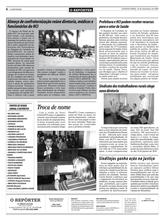 2    O REPÓRTER
                                                                                              O REPÓRTER
                                                                                                                                                                                       QUARTA-FEIRA, 16 de dezembro de 2009




Almoço de confraternização reúne diretoria, médicos e                                                                                            Prefeitura e HCI podem receber recursos
funcionários do HCI                                                                                                                              para o setor de Saúde
  O almoço de Natal da fa-                                                                                                                         O Hospital de Caridade de                      encontro no Centro Adminis-
mília HCI, foi marcado pelo                                                                                                                      Ijuí poderá receber um valor                     trativo do Estado, prefeitos
bom tempo, com tempera-                                                                                                                          de R$ 250 mil , bem como a                       e os diretores dos 83 hos-
tura amena e muito sol. O                                                                                                                        prefeitura, em função dos pro-                   pitais dos municípios que
domingo foi perfeito para as                                                                                                                     blemas gerados pela intensa                      decretaram emergência até
quase mil pessoas que foram                                                                                                                      chuva das ultimas semanas.                       9 de dezembro se reuniram
até a sede campestre da As-                                                                                                                      A informação foi confirmada                      com a Secretaria da Saúde ,
sociação dos Funcionários                                                                                                                        pelo titular da 17ª Coordena-                    para acertar os detalhes do
do Hospital de Caridade de                                                                                                                       doria regional de Saúde, Erlon                   pedido de auxílio. Os repas-
Ijuí(AFHOCAI). As festivi-                                                                                                                       Beck acrescentando que o                         ses serão feitos do MS ao
dades começaram ainda de                                                                                                                         recurso se deve ao anúncio                       Fundo Estadual de Saúde,
manhã, com mateada e apre-                                                                                                                       do governo federal, de que vai                   que transferirá aos Fundos
sentação do Coral Adulto do                                                                                                                      destinar R$ 50 milhões para o                    Municipais de Saúde. Erlon
PIBI, musical de natal para                                                                                                                      estado, especialmente para os                    Beck acrescenta que apesar
sempre glória. Ao meio-dia                                                                                                                       municípios prejudicados pela                     de não ter sofrido problemas
foram servidos 900 almoços                                                                                                                       intensa chuva. O coordenador                     com as intensas chuvas,
preparados pela equipe de                                                                                                                        recebeu a notícia do secretá-                    o HCI atendeu um numero
nutrição do HCI, em parceria                          quando vemos a satisfação              cama elástica e uma pisci-                          rio da saúde, Osmar Terra,                       elevado de casos. Já a pre-
com integrantes da Afhocai e                          dos nossos colegas”, avalia o          na de bolinhas. A empresa                           que divulgou que o objetivo é                    feitura vai receber os recur-
equipe de eventos do hospi-                           presidente da Afhocai, Sidnei          de ônibus Medianeira fez o                          empenhar e entregar o recur-                     sos para poder recuperar
tal. No cardápio não faltou o                         Heldt.                                 transporte de forma gratuíta                        so ainda neste ano.                              problemas que ocorreram
tradicional churrasco, muita                            Na parte da tarde, quem              entre o HCI e AFHOCAI. “ Pa-                          Ontem pela manhã ocorreu                       em alguns postos de Saúde.
salada, massa, arroz, pão,                            estava sendo aguardado era o           rabéns a todos os envolvidos
cuca e ainda de sobremesa                             Papai Noel que trouxe muitos           nesta bonita festa, pois tudo
frutas e sorvetes. “Fizemos o
melhor possível para realizar
                                                      presentes. Diversos prêmios
                                                      foram sorteados e teve tam-
                                                                                             estava a contento”, avaliou o
                                                                                             médico Armindo Pydd, dire-
                                                                                                                                                 Sindicato dos trabalhadores rurais elege
este evento, que simboliza
a integração da família HCI.
                                                      bém distribuição de brindes.
                                                      Também foram disponibili-
                                                                                             tor do Corpo Clínico, um dos
                                                                                             patrocinadores do evento
                                                                                                                                                 nova diretoria
Todo o esforço vale a pena                            zados para as crianças, uma            junto o HCI e AFHOCAI.




    PONTOS DE VENDA
    JORNAL O REPÓRTER                                 Troca de nome
• BIG MERCADO                                           C o m a v i n d a d e D a rc i       Pires(PT). Como constava o
                                                      Pretto(PDT) para o Legislativo         nome de Pires na mesa, foi
• BIOFARMA CENTRO
                                                      criou-se uma situação inusita-         preciso improvisar , colocan-
• BIOFARMA IMIGRANTES                                                                        do-se com num papel o nome
                                                      da na sessão de segunda feira.
• BIOFARMA MATRIZ                                     A mesa ocupada pelo novo               do novo vereador. Nada que
• COTRIJUI                                            vereador era utilizada ante-           não possa ser consertado
• FARMÁCIA MODELO                                     riormente pelo vereador Sérgio         para a próxima reunião.                               A chapa única que concorria                    as urnas 550 agricultores, ou
• FARMÁCIA SÃO LUCAS                                                                                                                             para a nova diretoria do sindi-                  seja, 32% do total Dos 550
• FRANGOS IJUÍ                                                                                                                                   cato dos Trabalhadores Rurais                    votantes, 546 aprovaram a
• FRUTEIRA SANTA FÉ                                                                                                                              de Ijuí , liderada pelo atual                    chapa única , com 2 votos em
• LIVRARIA PROGRESSO                                                                                                                             presidente Carlos Karlinski , foi                branco e 2 nulos. A chapa,
- LANCHERIA D’NÁPOLES                                                                                                                            eleita com 99,27% dos votos,                     além de Carlos Karlinski, como
• LOTÉRICA TIO PATINHAS                                                                                                                          referentes aos associados que                    presidente, apresenta João
• MERCADO CARDOSO                                                                                                                                compareceram as urnas no                         Guilherme Kuchak, como vice
• MERCADO PONTO ECONÔMICO                                                                                                                        domingo e segunda-feira. De                      e ,secretária, Elizete Hintz. A
• MERCADO TIA LUCINDA                                                                                                                            Um total de 2.710 associados                     posse da nova diretoria ocorre
                                                                                                                                                 aptos a votar compareceram                       no dia 15 de janeiro de 2010.
- PADARIA E CONFEITARIA MAIS
SABOR
• PADARIA DAMIÃO
• PADARIA LA BAGUETI                                                                                                                             Sindilojas ganha ação na justiça
• POSTO BURMANN                                                                                                                                    Foram julgadas na segunda-                     Ballin revelou que deverá
• POSTO DO GANSO                                                                                                                                 feira as duas ações que se                       buscar informações junto
• POSTO TIGRÃO                                                                                                                                   referiam a possibilidade de ab-                  ao assessor jurídico Gilvon
• QUIOSQUE                                                                                                                                       ertura do comércio em Ijui aos                   Ferreira para verificar qual o
• SAGA VIDEO                                                                                                                                     sábados a tarde. O assessor                      encaminhamento que vai ser
LOCADORA (Ajuricaba)
                                                                                                                                                 jurídico da entidade, Antonio                    dado. Ballin disse que uma das
                                                                                                                                                 Carlos Burtet confirmou que                      possibilidades é de que seja
• POSTO STADLER (Ajuricaba)
                                                                                                                                                 o julgamento foi favorável ao                    apresentado recurso especial.
• COTRIJUI (Augusto Pestana)                                                                                                                     sindicato, ou seja, cassou a lim-                O prefeito voltou a reiterar que a
• MERCADO E AÇOUGUE                                                                                                                              inar , permitindo, que a partir                  questão que envolve o funciona-
AOZANI (Bozano)                                                                                                                                  de janeiro as lojas abram suas                   mento do comércio aos sábados
• CASA COLONIAL SABOR E SAÚDE                                                                                                                    portas aos sábados a tarde. Já                   à tarde é responsabilidade da
                                                                                                                                                 o prefeito de Ijuí,Fioravante                    Câmara de Vereadores.




      O REPÓRTER                                                   Diretor Administrativo:      REDAÇÃO                                     PARA ANUNCIAR                                Os artigos publi-           Impressão:
                                                                    Enzo Luis Mânica            Envie sugestões, comentários, críticas      Escreva para comercialoreporter@yahoo        cados com assina-     E.L. Mânica e Cia Ltda.
                                                                                                e dúvidas para a redação pelo e-mail        .com.br ou pelo telefone (55) 3333 7426.     tura não traduzem
                   E.L. Mânica e Cia Ltda.                              Editor Chefe:           redacaooreporter@yahoo.com.br; para                                                      necessariamente a
                     CNPJ: 09.475.474/000164
                                                                     Sandro Silvello            o endereço Av. David José Martins, 1356,    PARA ASSINAR                                 opinião do jornal e
    Av. David José Martins, 1356 - Ijuí - RS - CEP.: 98700-000                                  CEP 98700-000, Ijuí, RS; ou pelo telefone   Para receber o jornal O REPÓRTER em          são de inteira res-
          Telefone geral: (55) 3332 2000                                                        (55) 3332 5985.                             casa ligue para (55) 3333 7426               ponsabilidade de
                                                                                                                                                                                         seus autores.
 