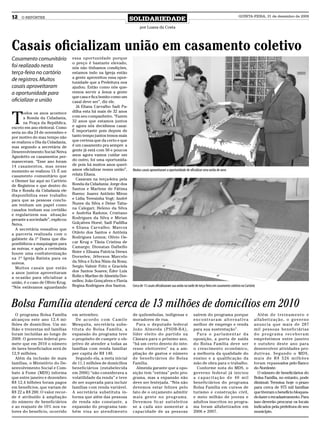 12   O REPÓRTER
                                                                       SOLIDARIEDADE
                                                                                                                                                             QUINTA-FEIRA, 31 de dezembro de 2009


                                                                            por Luana da Costa




Casais oficializam união em casamento coletivo
Casamento comunitário             essa oportunidade porque
                                  o preço é bastante elevado,
foi realizado nesta               nós não tínhamos condições,
terça-feira no cartório           estamos indo na Igreja então
                                  a gente aproveitou essa opor-
de registros. Muitos              tunidade que a Prefeitura nos
casais aproveitaram               ajudou. Então como nós que-
a oportunidade para               remos servir a Jesus a gente
                                  que casa e fica bonito como um
oficializar a união               casal deve ser”, diz ele.
                                    Já Eliana Carvalho Sadi Pa-



T
       odos os anos acontece      dilha esta há mais de 32 anos
       a Ronda da Cidadania,      com seu companheiro. “Fazem
       na Praça da República,     32 anos que estamos juntos
exceto em ano eleitoral. Como     e agora nós decidimos casar.
seria no dia 24 de novembro e     É importante pois depois de
por motivo do mau tempo não       tanto tempo juntos temos mais
se realizou o Dia da Cidadania,   que certeza que da certo e que
mas segundo a secretária de       é um casamento pra sempre a
Desenvolvimento Social Neiva      gente já está com 50 e poucos
Agnoletto os casamentos per-      anos agora vamos cuidar um
maneceram. “Esse ano foram        do outro, foi uma oportunida-
14 casamentos, mas nesse          de pois há muitos anos querí-
momento se realizou 13. É um      amos oficializar nossa união”,       Muitos casais aproveitaram a oportunidade de oficializar uma união de anos
casamento comunitário que         relata Eliana.
o Diemer faz aqui no Cartório       Casaram na terça-feira pela
de Registros e que dentro do      Ronda da Cidadania: Jorge dos
Dia e Ronda da Cidadania ele      Santos e Marlene de Fátima
disponibiliza esse trabalho       Bueno; Juarez Antônio Miron
para que as pessoas conclu-       e Lídia Teresinha Vogt; André
am tenham um papel como           Nunes da Silva e Deise Tatia-
casados tenham sua certidão       na Calegari; Heleno da Silva
e regularizem sua situação        e Andréia Radons; Cristiano
perante a sociedade”, explicou    Rodrigues da Silva e Mirian
Neiva.                            Golçalves Horst; Sadí Padilha
  A secretária ressaltou que      e Eliana Carvalho; Marcos
a parceria realizada com o        Otávio dos Santos e Antônia
gabinete da 1ª Dama que dis-      Rodrigues Lemos; Olívio Os-
ponibilizou a maquiagem para      car Krug e Tânia Cristina de
as noivas, e após a cerimônia     Camargo; Dionatan Dalbello
houve uma confraternização        Beier e Elisana Patrícia Drews
na 1º Igreja Batista para os      Dorneles; Jéferson Marcelo
noivos.                           da Silva e Eclea Nísia da Rosa;
  Muitos casais que estão         Sergio Valmir Fritz e Graciela
a anos juntos aproveitaram        dos Santos Soares; Éder Luís
a ocasião para oficializar a      Rolin e Marlise de Almeida Dor-
união, é o caso de Olívio Krug.   nelles; João Gonçalves e Flavia
“Nós estávamos aguardando         Regina Rodrigues dos Santos.         Cerca de 13 casais oficializaram sua união na tarde de terça-feira em casamento coletivo no Cartório



Bolsa Família atenderá cerca de 13 milhões de domicílios em 2010
  O programa Bolsa Família        em setembro.                         de quilombolas, indígenas e                      saírem do programa porque                           A l é m d e t re i n a m e n t o e
alcançou este ano 12,4 mi-          D e a c o rd o c o m C a m i l e   moradores de rua.                                encontraram alternativa                           alfabetização, o governo
lhões de domicílios. Um mi-       Mesquita, secretária subs-             Para o deputado federal                        melhor de emprego e renda                         anuncia que mais de 287
lhão e trezentas mil famílias     tituta do Bolsa Família, a           João Almeida (PSDB-BA),                          para sua sustentação”.                            mil pessoas beneficiárias
foram incluídas ao longo de       expansão do programa teve            líder eleito do partido na                         Para o parlamentar da                           d o p ro g r a m a re c e b e r a m
2009. O governo federal pro-      o propósito de cumprir o ob-         Câmara para o próximo ano,                       oposição, a porta de saída                        empréstimos entre janeiro
mete que em 2010 o número         jetivo de atender a todas as         “há um certo desvio do inte-                     do Bolsa Família deve ser                         e outubro deste ano para
de lares beneficiados será de     famílias com renda familiar          resse eleitoreiro” na a am-                      o crescimento econômico,                          desenvolver atividades pro-
12,9 milhões.                     per capita de R$ 140.                pliação de gastos e número                       a melhoria da qualidade do                        dutivas. Segundo o MDS,
  Além da inclusão de mais          Segundo ela, a meta inicial        de beneficiários do Bolsa                        ensino e a qualificação da                        mais de R$ 526 milhões
famílias, o Ministério do De-     de 11,1 milhões de domicílios        Família.                                         mão de obra para o trabalho.                      foram repassados pelo Banco
senvolvimento Social e Com-       beneficiários (estabelecida            Almeida garante que a opo-                       Conforme nota do MDS, o                         do Nordeste.
bate à Fome (MDS) informa         em 2006) “não considerava a          sição tem “estima” pelo pro-                     governo federal já iniciou                          O número de beneficiários do
que entre janeiro e dezembro      volatilidade da renda” e teve        grama, mas a expansão não                        a capacitação de 40 mil                           Bolsa Família, no entanto, pode
R$ 12,4 bilhões foram pagos       de ser superada para incluir         deve ser festejada. “Nós não                     beneficiários do programa                         diminuir. Termina hoje o prazo
em benefícios, que variam de      famílias com renda variável.         devemos estar felizes pelo                       Bolsa Família em cursos de                        para cerca de 975 mil famílias
R$ 22 a R$ 200. O valor recor-    A secretária substituta in-          fato de o orçamento admitir                      turismo e construção civil,                       que tiveram o benefício bloquea-
de é atribuído à ampliação        forma que além das pessoas           mais gente no programa.                          e meio milhão de jovens e                         do fazer o recadastramento. Para
do número de beneficiários        de renda não constante, a            Devemos ficar satisfeitos                        adultos inscritos no progra-                      isso deverão procurar os locais
e ao reajuste de 10% nos va-      expansão do programa tam-            se a cada ano aumentar a                         ma foram alfabetizados em                         indicados pela prefeitura de seu
lores do benefício, ocorrido      bém visa ao atendimento              capacidade de as pessoas                         2006 e 2007.                                      município.
 