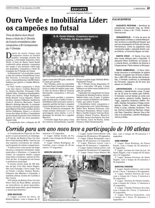 QUINTA-FEIRA, 31 de dezembro de 2009
                                                                                              ESPORTE                                                                  O REPÓRTER     27
                                                                                      por Jonas Iragones Palharini



Ouro Verde e Imobiliária Líder:                                                                                                                PLACAR REPÓRTER



os campeões no futsal
                                                                                                                                                  AUGUSTO PESTANA – Semifinal do
                                                                                                                                                campeonato municipal. Hoje, às 15h30,
                                                                                                                                                Estrela x Inkas e às 17h30, Avante x
                                                                                                                                                Internacional.
Time do Bairro Assis Brasil
                                                                                                                                                  VERANÓPOLIS – O time da terra da
levou o título da 2ª Divisão                                                                                                                    longevidade contratou o volante Marquin-
do Futsal e Imobiliária Líder                                                                                                                   hos, ex-Avaí e o meia Marcos Paraná, que
                                                                                                                                                vem por empréstimo do Porto de Caruaru,
conquistou o Bi-Campeonato                                                                                                                      Pernambuco. Entre os jogadores mais
da 1ª Divisão                                                                                                                                   conhecidos estão o atacante André Luis,
                                                                                                                                                ex-Grêmio, e Fernando Miguel, ex-Inter.


D
       epois de muito tempo sem
       conquistar títulos no futebol                                                                                                              SANTA CRUZ – O Santa Cruz tem
       amador, ressurgiu através das                                                                                                            dois novos reforços para o Gauchão. O
quadras, a Sociedade Esportiva Ouro                                                                                                             atacante Flávio Guilherme, ex-Caixas, e
Verde. O time do Bairro Assis Brasil
                                                                                                                                                o volante Breno, ex-Atlético de Ibirama e
conhecido pelas grandes conquistas
                                                                                                                                                Chapecoense. Flávio estava no Brusque.
em campo e que promete voltar logo
aos gramados, conquistou o título de
Campeão da 2ª Divisão do Futsal.                                                                                                                  NOVO HAMBURGO – O Novo Ham-
  A vitória foi de 7 a 6 na decisão contra                                                                                                      burgo anunciou a contratação do goleiro
o time da Lotérica Grenal/Nossa Casa/                                                                                                           Raniere. O jogador tem 29 anos e defen-
                                             Após o título no futsal, Ouro Verde planeja a volta ao futebol de campo                            deu o ABC-RN nas últimas três tempora-
Bar Parceria. O terceiro lugar ficou
com o Arsenal/Baterias Gói/HD Distri-        jogos e marcados 503 gols, média de                      Peças e o quarto lugar, Bebidas Mello/    das. O Anilado confirmou a contratação
buidora que goleou o Usadão Móveis,          8,7 gols por partida.                                    Fassbinder Futsal.                        de Fernando, zagueiro de 24 anos que
por 9 a 1.                                     Na 1ª Divisão, outra vez a Imobiliá-                     Na 1ª Divisão foram disputados 23       estava no Cerâmica.
  O Ouro Verde conquistou o título           ria Líder/Posto Antonello/Nutrimax                       jogos e marcados 148 gols. A bola
com esse elenco: Cristian Montecie-          levou o troféu de melhor para casa.                      balançou as redes numa média de 6,5         UNIVERSIDADE – O Universidade
lo, Andreo Bertollo, Fernando Colle,         O time do técnico Marcos Vinicius                        gols por partida.                         contratou o lateral-direito Lucas. O joga-
Gabriel Selle, Vanderson Bombardieri,        Barriquello conquistou o Bi-Cam-                           O goleador da competição foi Jonas      dor de 20 anos foi cedido pelo Grêmio.
Felipe dos Santos, Felipe Rodrigues,         peonato.                                                 Fernando de Almeida Fonseca, da Imo-      O treinador Lorival Santos já conta com
Denis Boratti, Lucas Siqueira, Thairo          Como havia perdido o primeiro                          biliária Líder com 13 gols. O goleiro     este elenco: goleiros Carlão, Spada e
da Silva, Gustavo Palharini, Guilherme       jogo da final para a Gráfica União, a                    menos vazado foi Roberto, da Gráfica
                                                                                                                                                Tiago; zagueiros Anderson Seffrin, Ro-
Liebich, Roberto Machado, Daniel             Imobiliária Líder precisava vencer a                     União, que sofreu 31 gols.
                                                                                                                                                dolfo, George, Gonçalves e Thiago Junior;
Martel e Rodrigo Macedo. A comissão          segunda partida da final e empatar                         A Imobiliária Líder conquistou o
                                             na prorrogação para levar o caneco.                      Bi-Campeonato com: Carlos Henrique,       laterais, Coelho, Cleiton, André Heffner,
técnica vitoriosa composta pelo massa-
                                               O feito aconteceu novamente. No                        Valter Herr, Robson Fontoura, Luiz        Preto e Lucas; volantes, Anderson, Frei-
gista Mateus Patz Rein, auxiliar técnico
                                             tempo normal, vitória por 7 a 1 e na                     Henrique Bussmann, Renan Lopes,           tas, Doriva e Guilherme Ramires; meias,
Airton Dallepiane Júnior e o técnico
                                             prorrogação nova vitória, 1 a 0. O                       Marco Aurélio Gomes, Vinícius Stras-      Léo Dias, Claudinho, Marcos Tora e Re-
Lucas dos Anjos da Silva. O presidente
da Sociedade Esportiva Ouro Verde foi        destaque da decisão foi o jogador                        sburger, Silmar Prestes, Maurício         nato e os atacantes, Leandro Rodrigues,
goleiro do clube em anos passados,           Maurício.                                                Donobel, Jacson dos Santos, Gui Jean      Johnny e Arley.
Daniel Colle.                                  O terceiro lugar ficou para o time                     dos Santos, Lúcio da Rocha, Jonas
  A competição teve a disputa de 58          da Lotérica Grenal/Nossa Casa/KZ                         Fonseca, Fábio Nomenmacher.



Corrida para um ano novo teve a participação de 100 atletas
  A Coordenadoria Especial de Des-           minutos e 57 segundos.                                     1° Lugar: André Clóvis Herter, com     lani, com o tempo de 58 minutos e 7
porto e Lazer promoveu no domingo,             2° Lugar: Adelar Sculer, de Pa-                        o tempo de 48 minutos e 38 segundos.     segundos.
a 8ª edição da Rústica Para Um Ano           nambi, com o tempo de 48 minutos                           2° Lugar: Vilmar Rosinieski, com o
Novo Paul da Rosa Mello. Paul foi um         e 7 segundos.                                            tempo de 49 minutos e 27 segundos.         GERAL FEMININO:
dos maiores corredores da cidade,              3° Lugar: Glênio Rodrigues, de                           3° Lugar: Éderson Lutzer, com o          1° Lugar: Rosa Barbosa, de Passo
participando de várias competições.          Curitiba, com o tempo de 48 mi-                          tempo de 53 minutos e 1 segundos.        Fundo, com o tempo de 55 minutos e
  A rústica teve como ponto de larga-        nutos e 27 segundos.                                       4° Lugar: Gelson Osmar Lutzer, com     31 segundos.
da para a categoria estudantil, naipe                                                                 o tempo de 55 minutos e 51 segundos.       2° Lugar: Luciana de Lima da Luz, de
masculino e feminino, o Campus da              MUNICIPAL MASCULINO:                                     5° Lugar: Paulo Cesar Ribeiro Mi-      Santo Ângelo, com o tempo de 55 minu-
Unijuí. As categoria adulto, naipes                                                                                                            tos e 47 segundos.
masculino e feminino, saíram do Dis-                                                                                                             3° Lugar: Rosana Ferreira, de Santo
trito de Itaí. A chegada foi em frente                                                                                                         Ângelo, com o tempo de 56 minutos e
a prefeitura municipal.                                                                                                                        22 segundos.
  O evento reuniu mais de 100 atle-
tas, de Ijuí, Cruz Alta, Santo Ângelo,                                                                                                           MUNICIPAL FEMININO:
São Luiz Gonzaga, Cerro Largo, Pas-                                                                                                              1° Lugar: Sandra Scherer, com o tem-
so Fundo, Catuípe, Rodeio Bonito,                                                                                                              po de 1 hora, 7 minutos e 56 segundos.
Palmeira das Missões e Panambi, e                                                                                                                2° Lugar: Sandra Patrícia da Cruz,
também atletas vindos de Curitiba e                                                                                                            com o tempo de 1 hora, 9 minutos e
São Carlos.                                                                                                                                    39 segundos.
  A 8ª edição da Rústica Para Um Ano                                                                                                             3° Lugar: Antônia de Fátima Gobbo,
Novo Paul da Rosa Mello, premiou                                                                                                               com o tempo de 1 hora, 11 minutos e
os vencedores no geral masculino,                                                                                                              10 segundos.
municipal masculino, geral feminino                                                                                                              4° Lugar: Cláudia Pelisson de Lima,
e municipal feminino.                                                                                                                          com o tempo de 1 hora, 11 minutos e
                                                                                                                                               43 segundos.
  GERAL MASCULINO:                                                                                                                               5° Lugar: Patrícia Gonçalves, com
 1° Lugar: Lair ton da Silva, de                                                                                                               o tempo de 1 hora, 25 minutos e 7
Rodeio Bonito, com o tempo de 47             Mais de 100 corredores participaram da última rústica do ano                                      segundos.
 