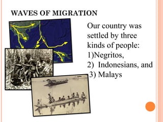WAVES OF MIGRATION
Our country was
settled by three
kinds of people:
1)Negritos,
2) Indonesians, and
3) Malays
 