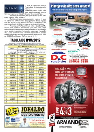 19www.reportercapixaba.com
TABELA DO IPVA 2012
O IPVA é o Imposto sobre a
Propriedade de Veículos Auto-
motores.
No Espírito Santo, o valor a ser
pago anualmente pelo proprie-
tário ou responsável é de 2% do valor do veículo (Fipe).
	 Estamos privilegiados já que em muitos outros esta-
dos o valor do IPVA é de 4%!
	 Também por aqui, os veículos com mais de 15 anos
de fabricação estão isentos do pagamento desse imposto
mas em alguns outros estados do país, o proprietário tem
que esperar mais de 20 anos para se ver livre do imposto!
	 A receita do IPVA é partilhada entre o Estado e o Mu-
nicípio onde o veículo é licenciado (50% para cada um) e
destina-se ao financiamento de serviços básicos à população
como saúde, educação, transporte, segurança, habitação,
etc... Ainda contabilizando a metade destinada ao Estado,
nossa cidade de Cachoeiro de Itapemirim arrecadou o valor
de R$ 20,40 milhões em IPVA no ano de 2011.
 