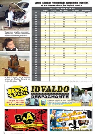 14 www.reportercapixaba.com
Fonte DETRAN-ES - Oferecimento Idvaldo Despachante
Confira as datas de vencimentos do licenciamento de veículos
de acordo com o número final da placa do carro:
Flagramos o simpático e competen-
te Eletricista Tiãozinho concertando
um lendário Volkswagen Fusca!
O amor é lindo: Dico e Danusa
curtindo um Final de Semana na
Região dos Lagos - RJ.
Este lindo
menino
chamado
Pedro é o
neto de nosso
amigo Milton
da Play City!
 